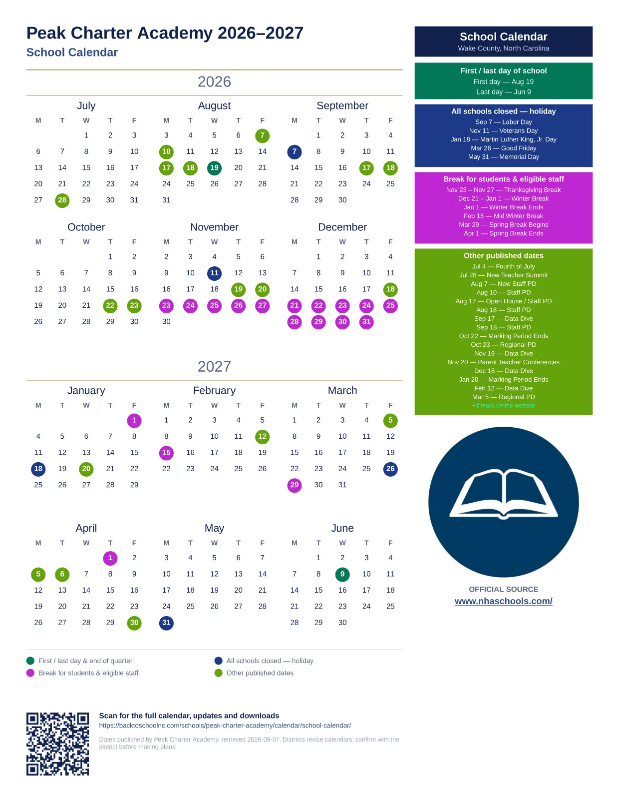 Peak Charter Academy School Calendar 2026–2027 printable calendar