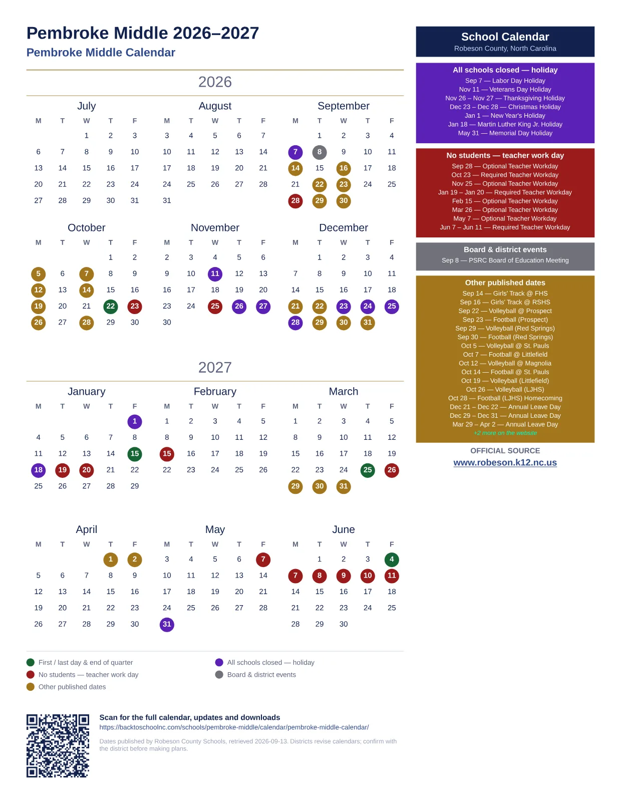 Pembroke Middle  printable calendar