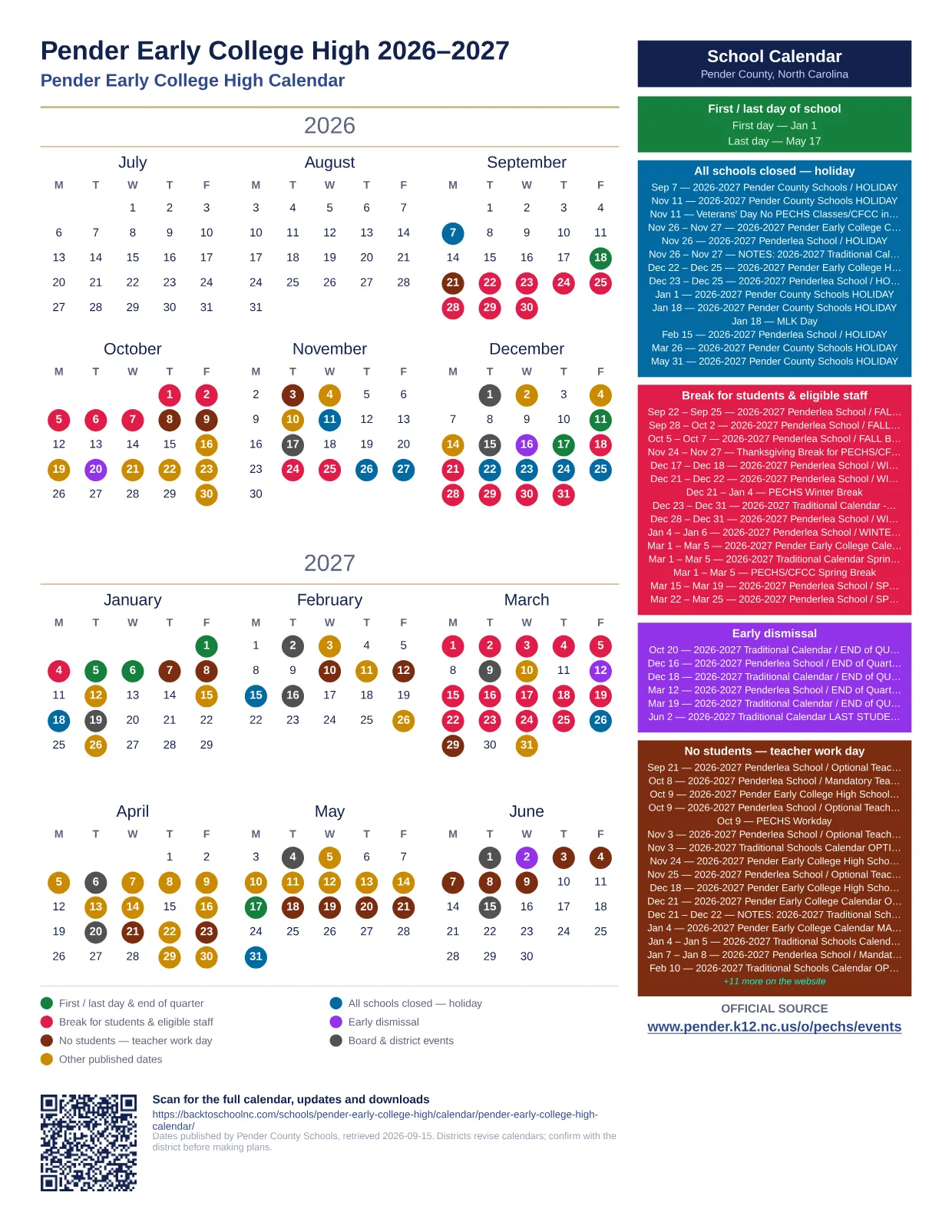 Pender Early College High  printable calendar