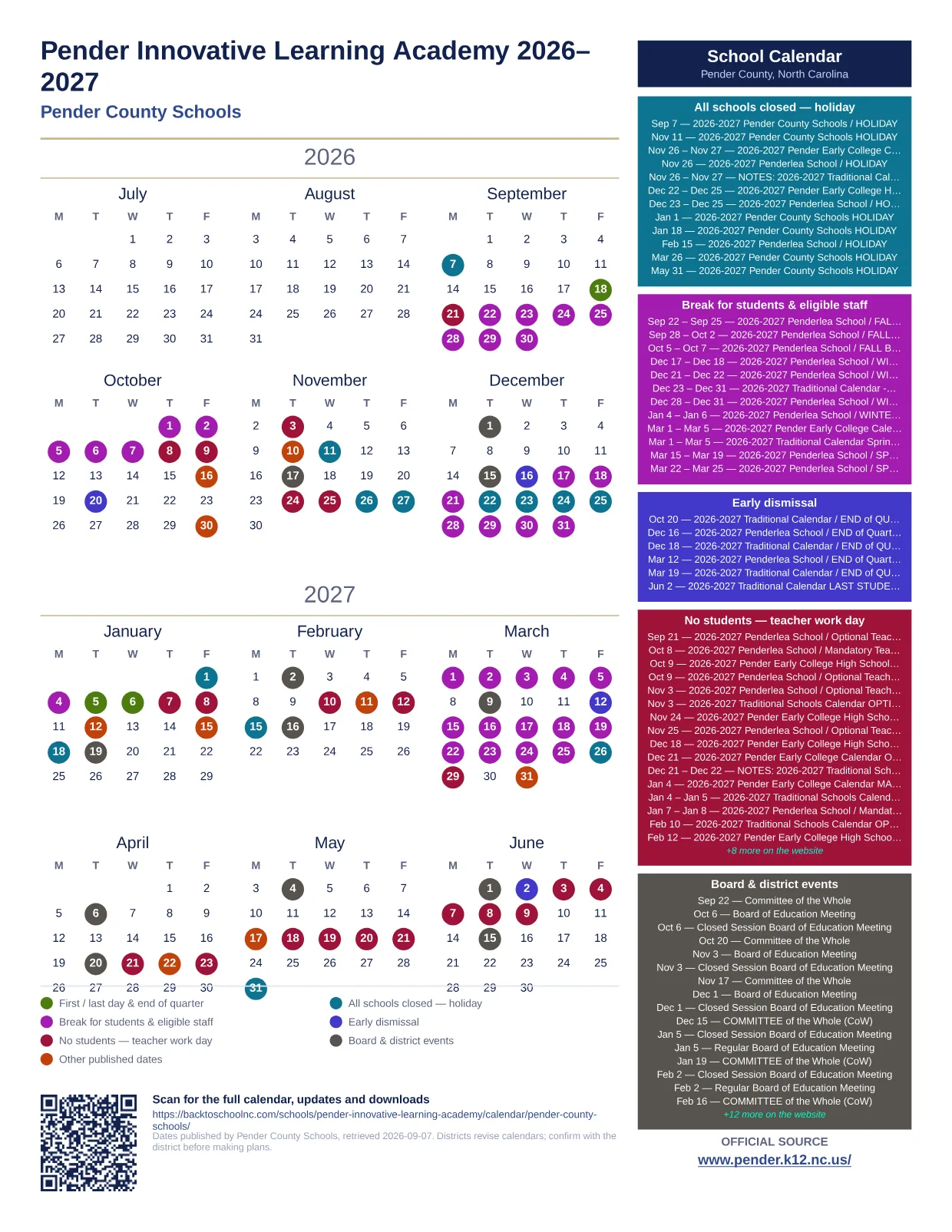 Pender Innovative Learning Academy printable calendar