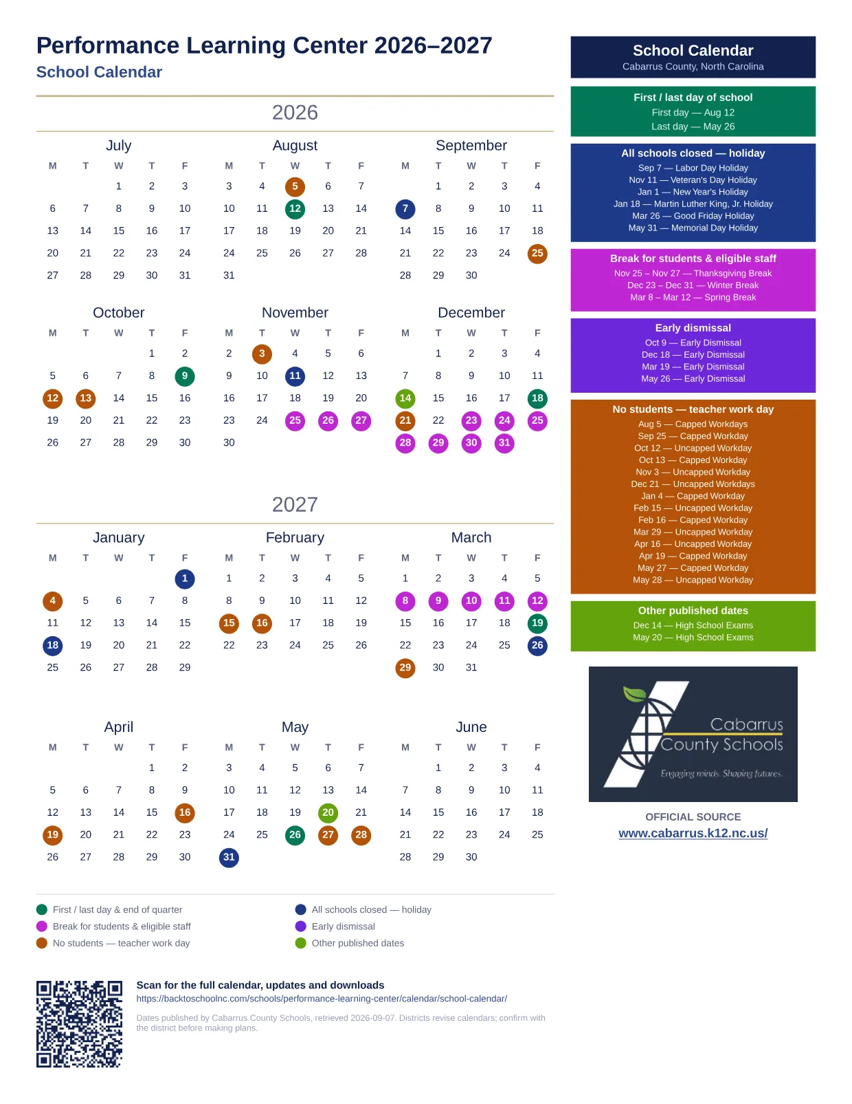 Performance Learning Center 2026–2027 printable calendar