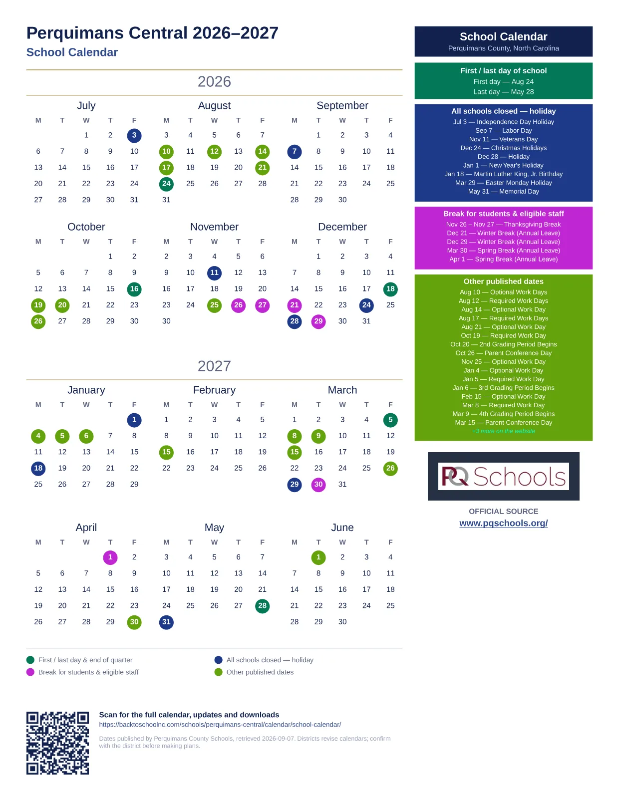Perquimans Central 2026–2027 printable calendar