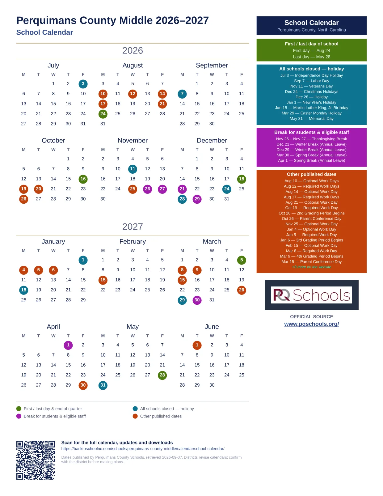 Perquimans County Middle 2026–2027 printable calendar