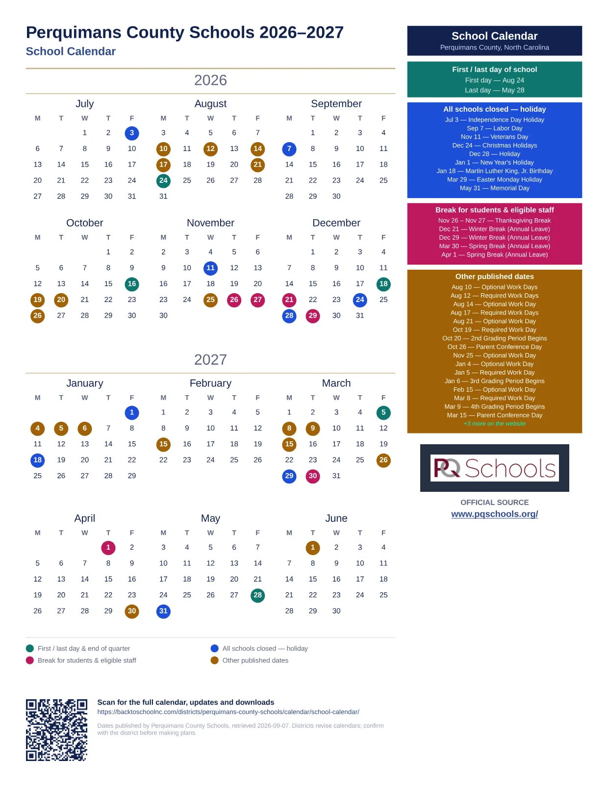 Perquimans County Schools School Calendar 2026–2027 printable calendar
