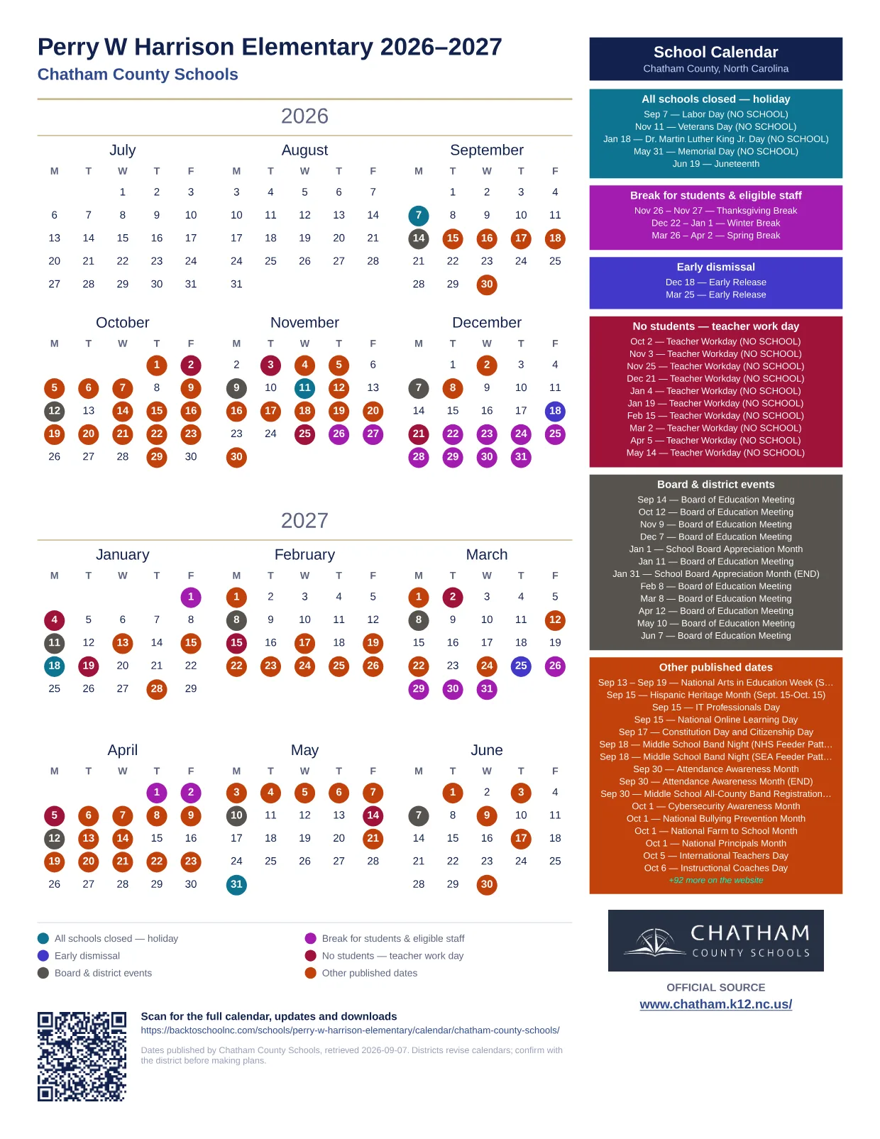 Perry W Harrison Elementary  printable calendar