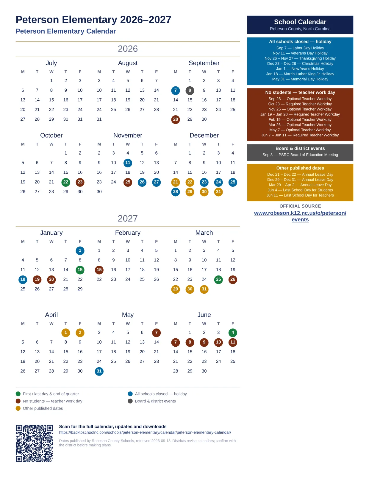Peterson Elementary printable calendar