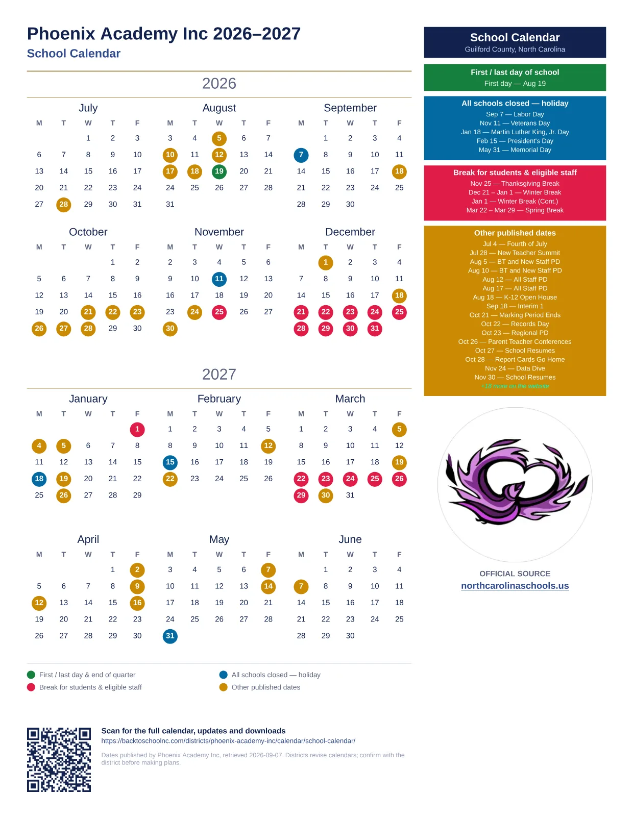 Phoenix Academy Inc School Calendar 2026–2027 printable calendar
