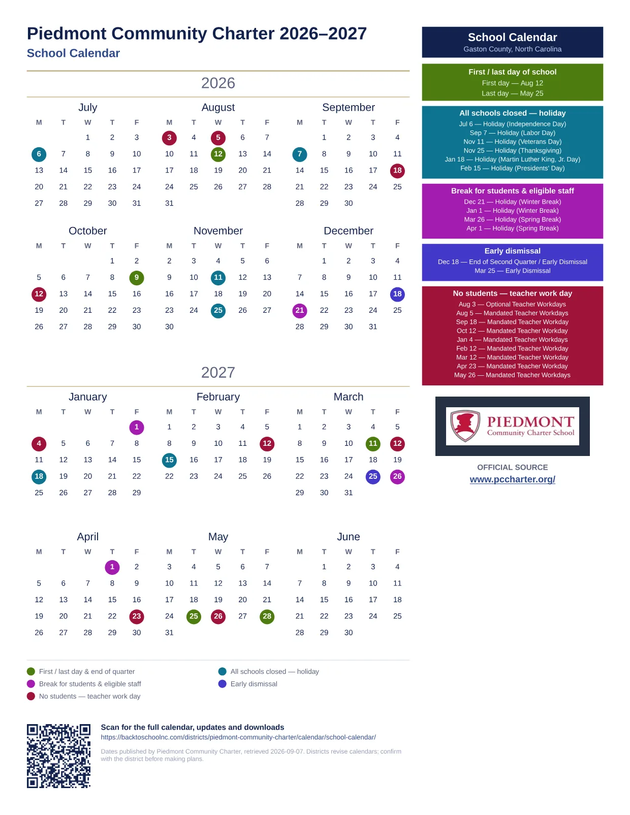 Piedmont Community Charter School Calendar 2026–2027 printable calendar