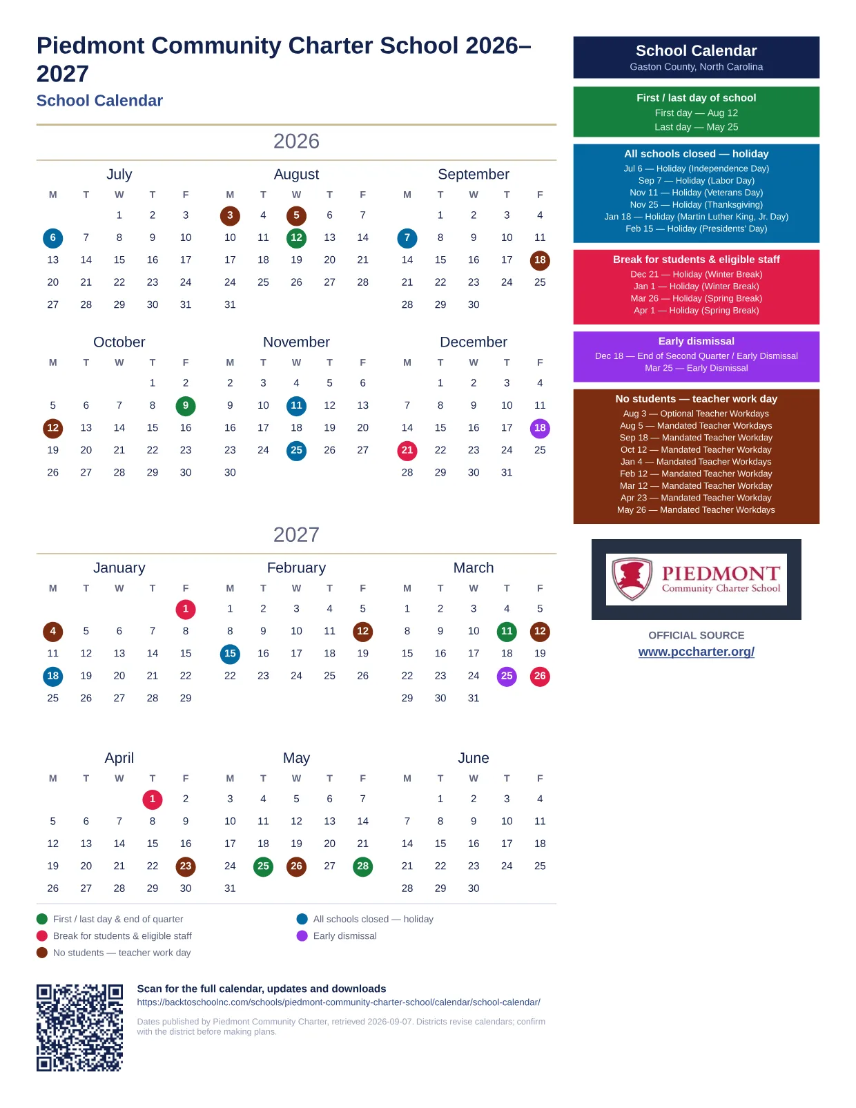 Piedmont Community Charter School 2026–2027 printable calendar