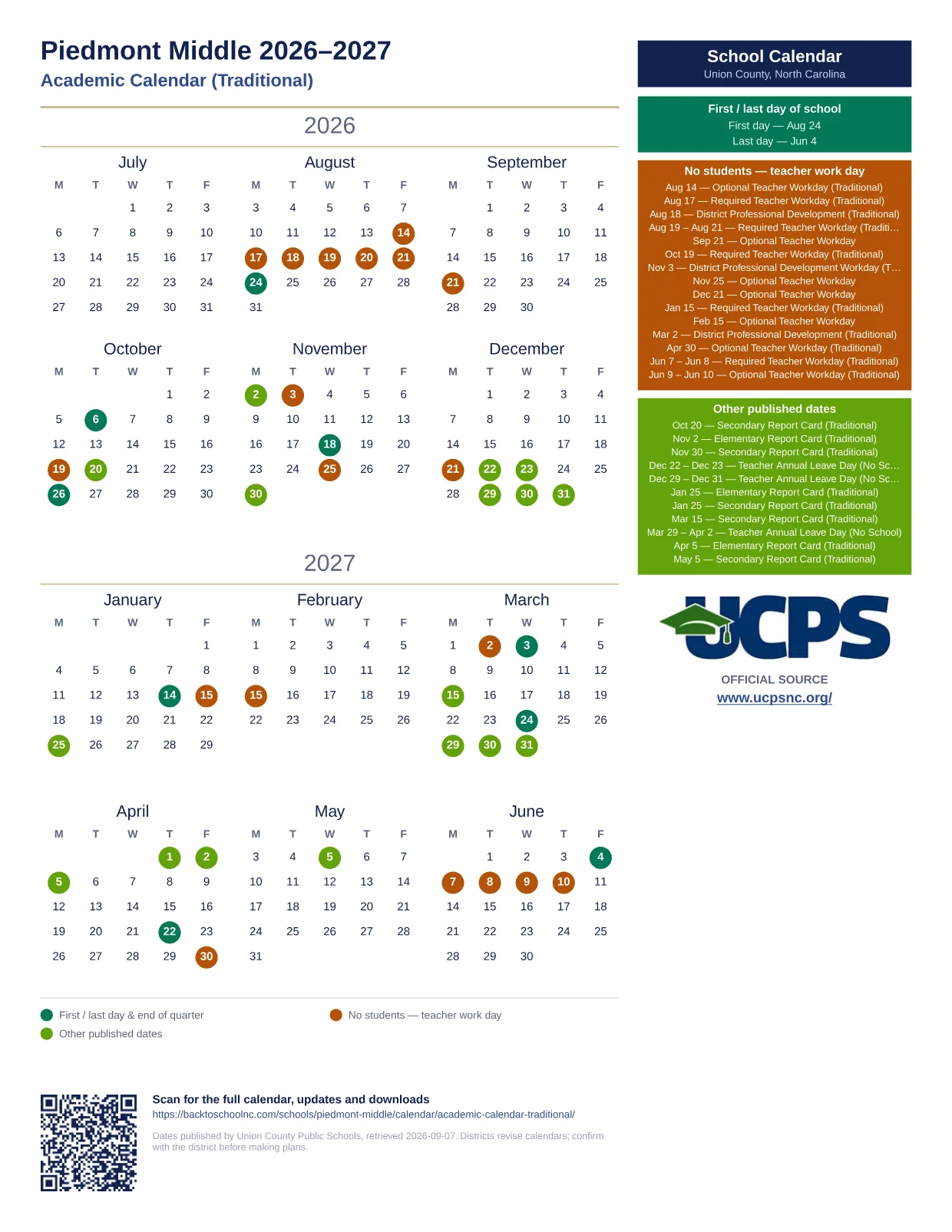 Piedmont Middle 2026–2027 printable calendar