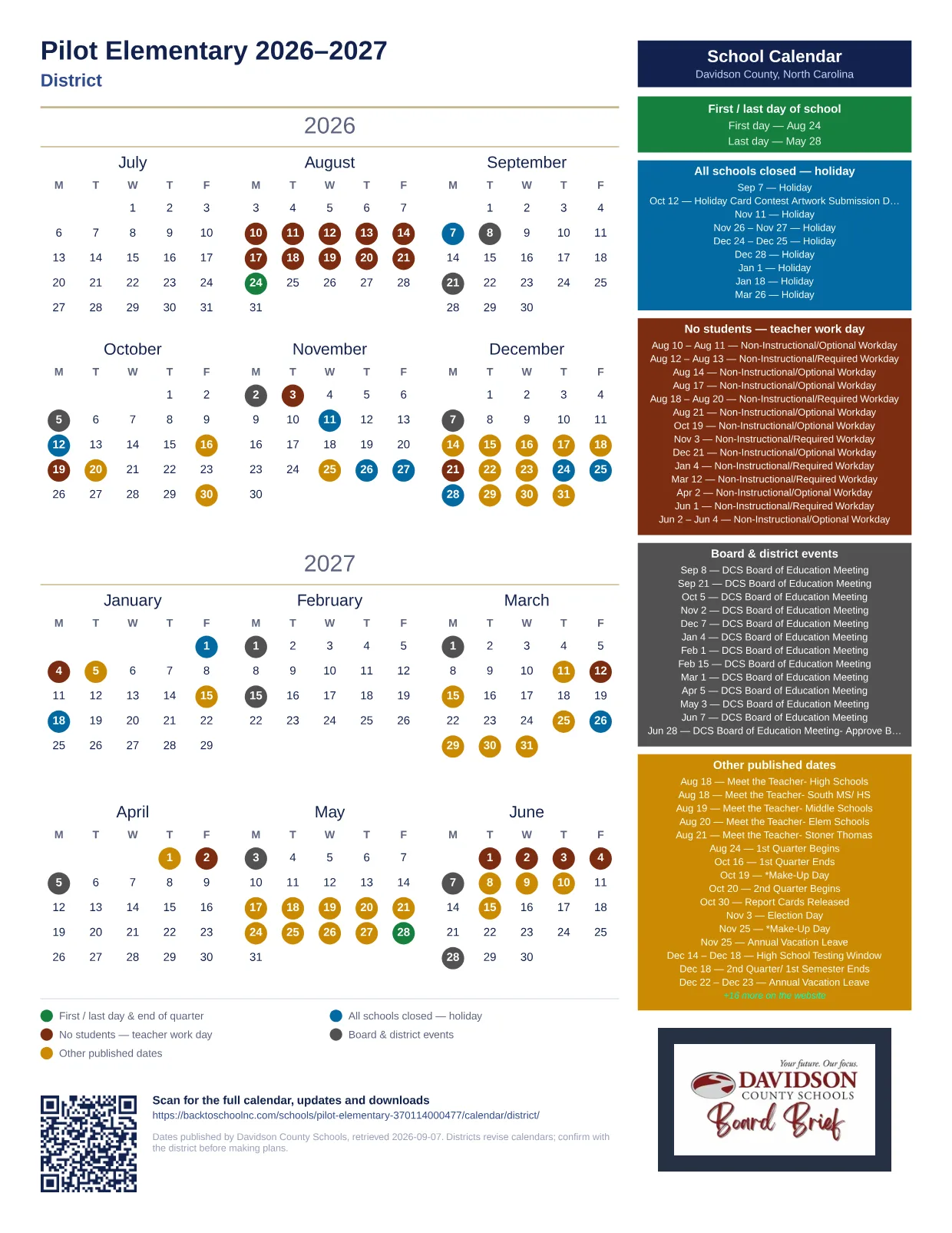 Pilot Elementary 2026–2027 printable calendar