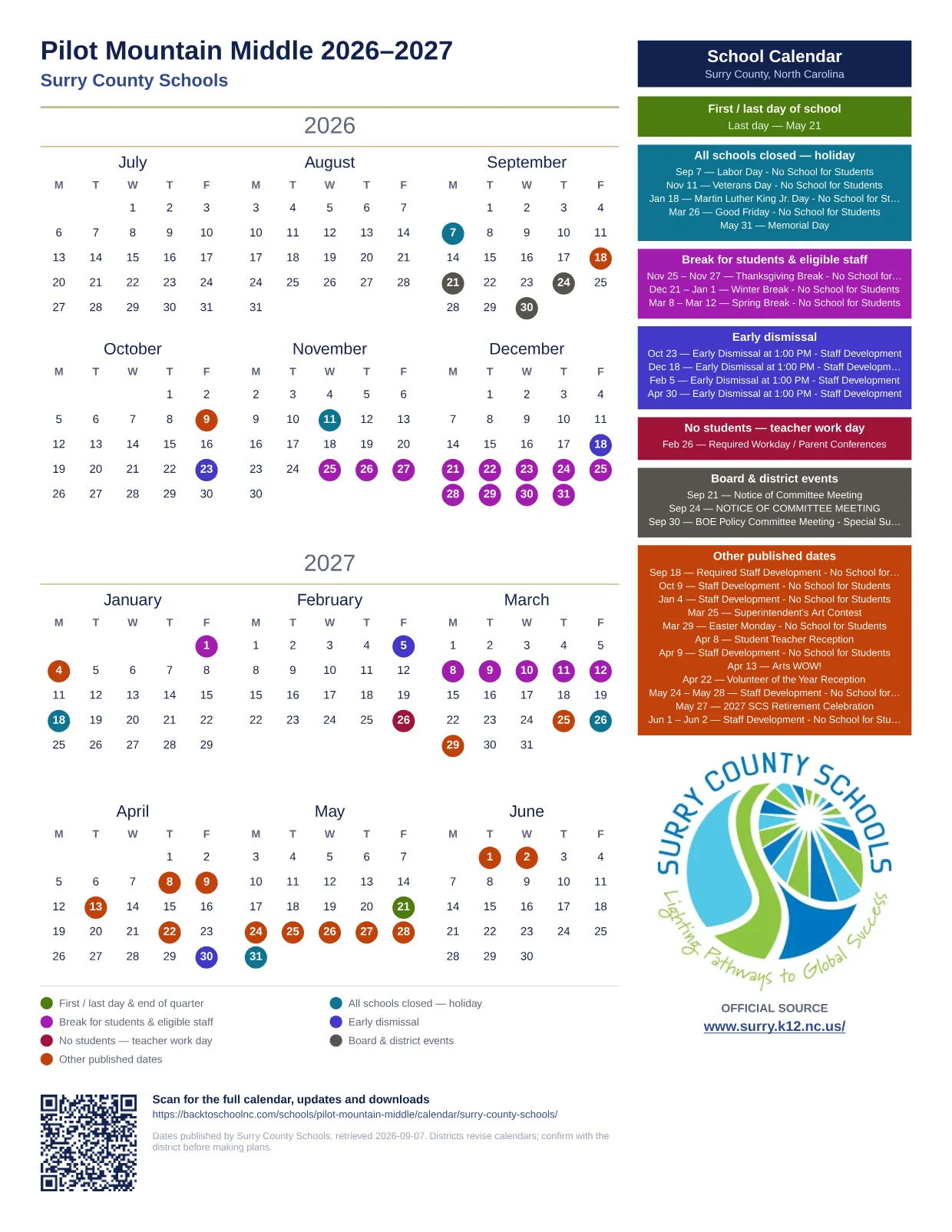 Pilot Mountain Middle  printable calendar
