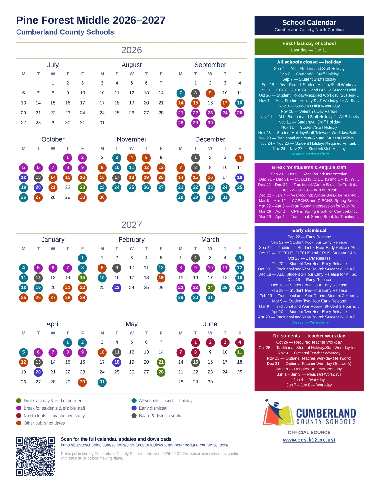 Pine Forest Middle  printable calendar
