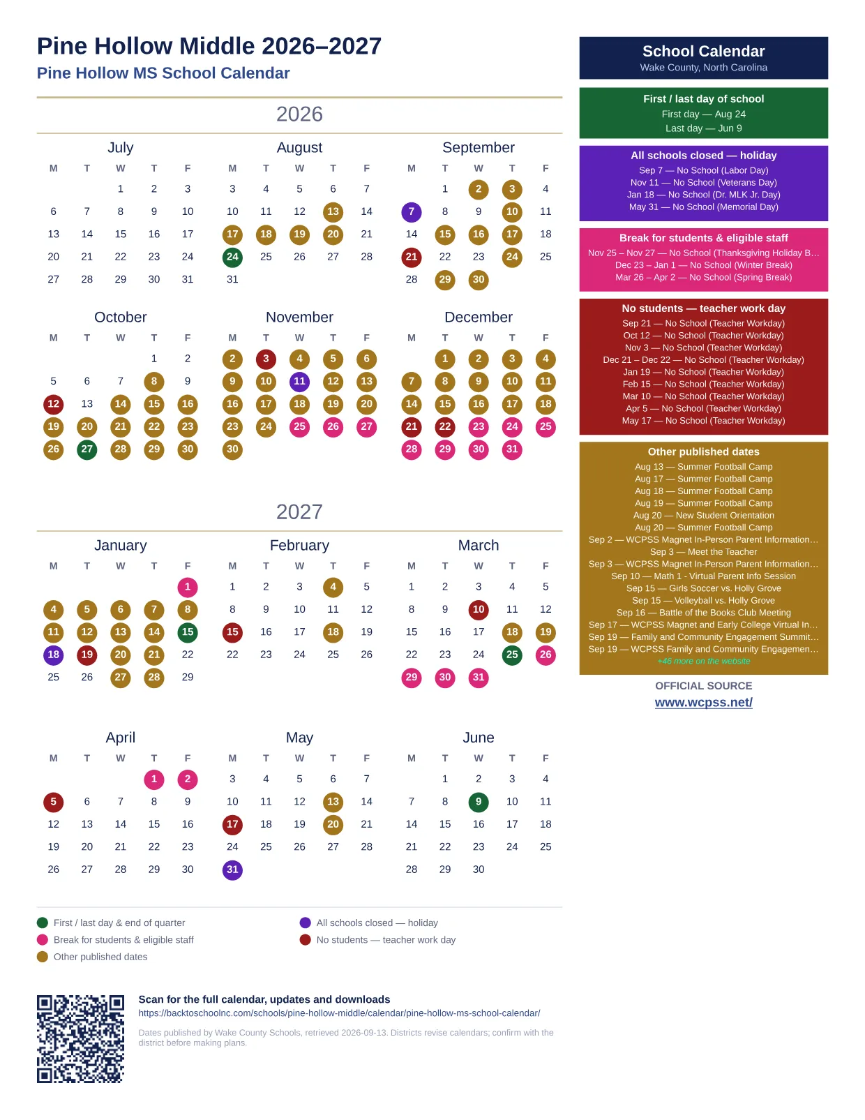 Pine Hollow Middle 2026–2027 printable calendar