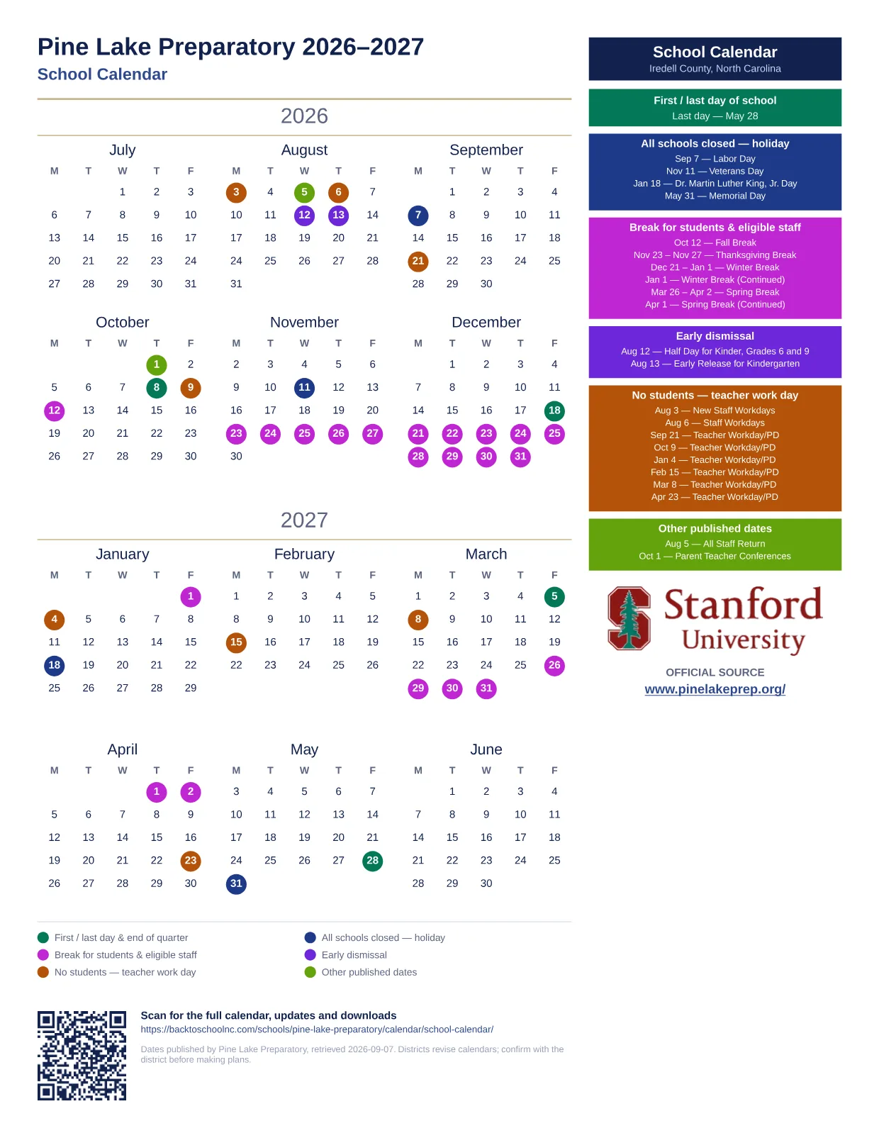 Pine Lake Preparatory School Calendar  printable calendar
