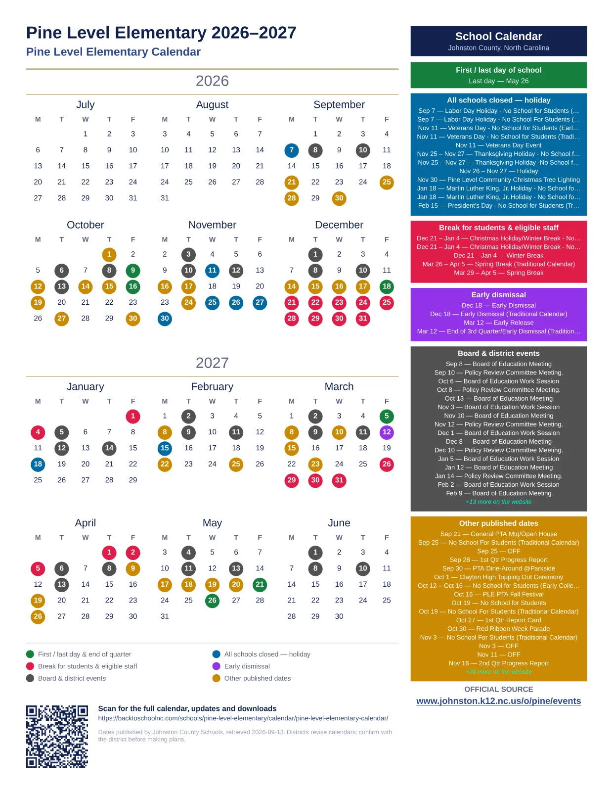 Pine Level Elementary  printable calendar