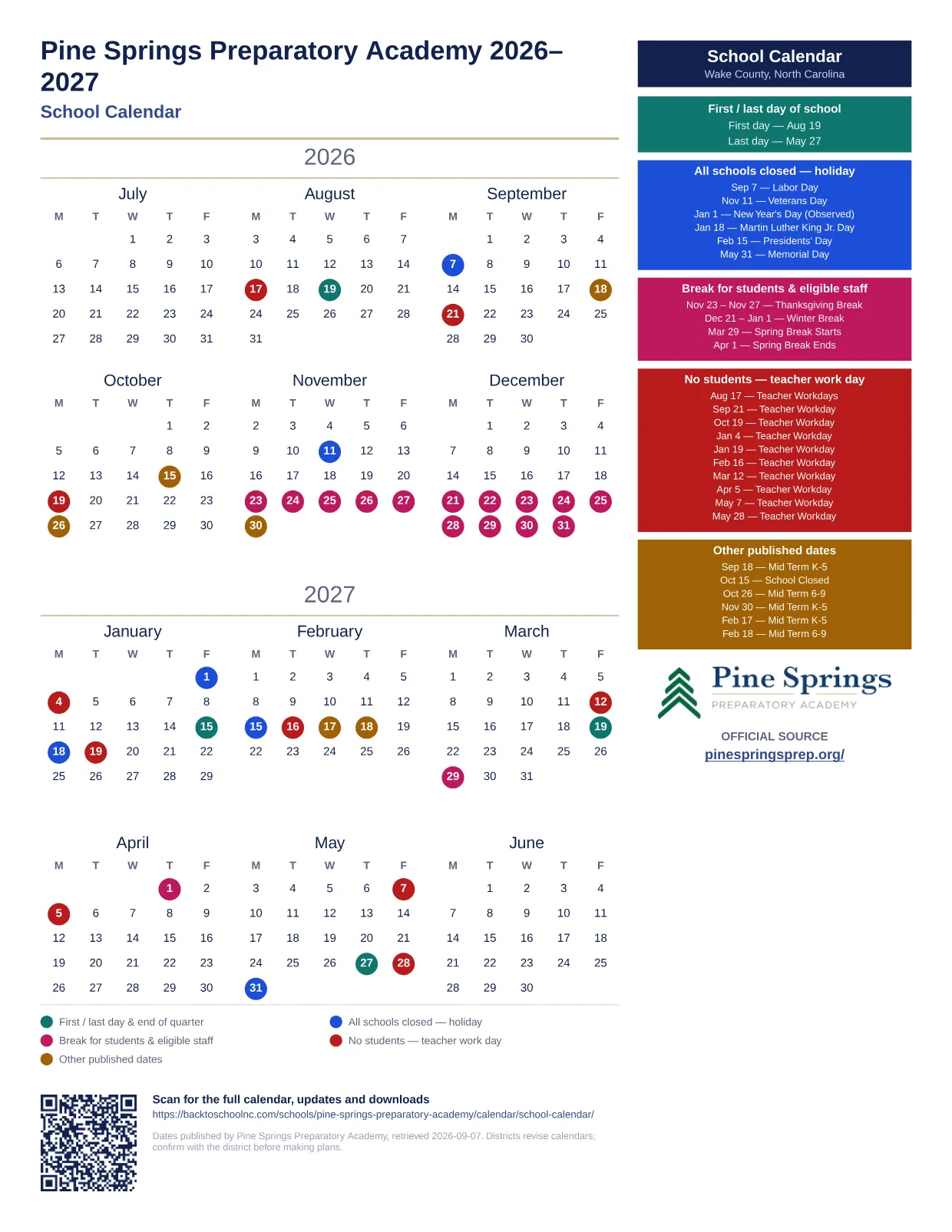 Pine Springs Preparatory Academy School Calendar 2026–2027 printable calendar