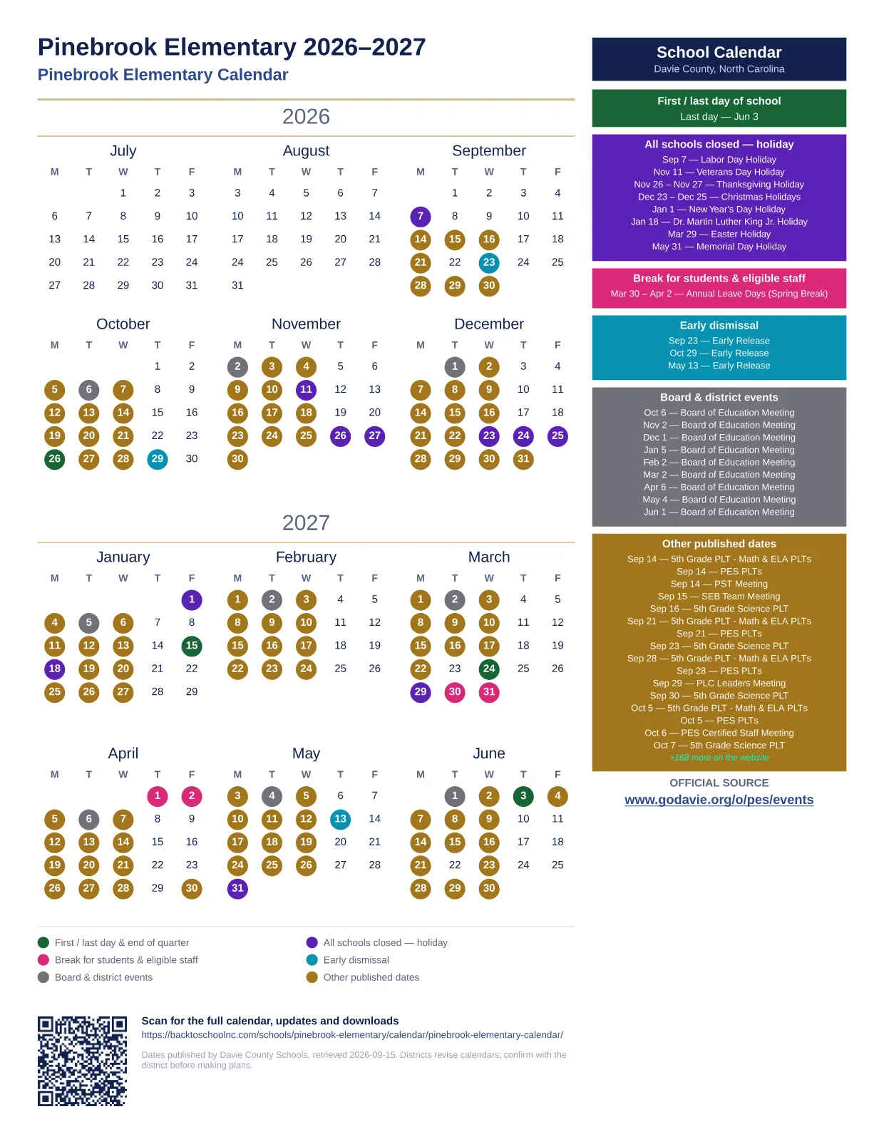 Pinebrook Elementary  printable calendar