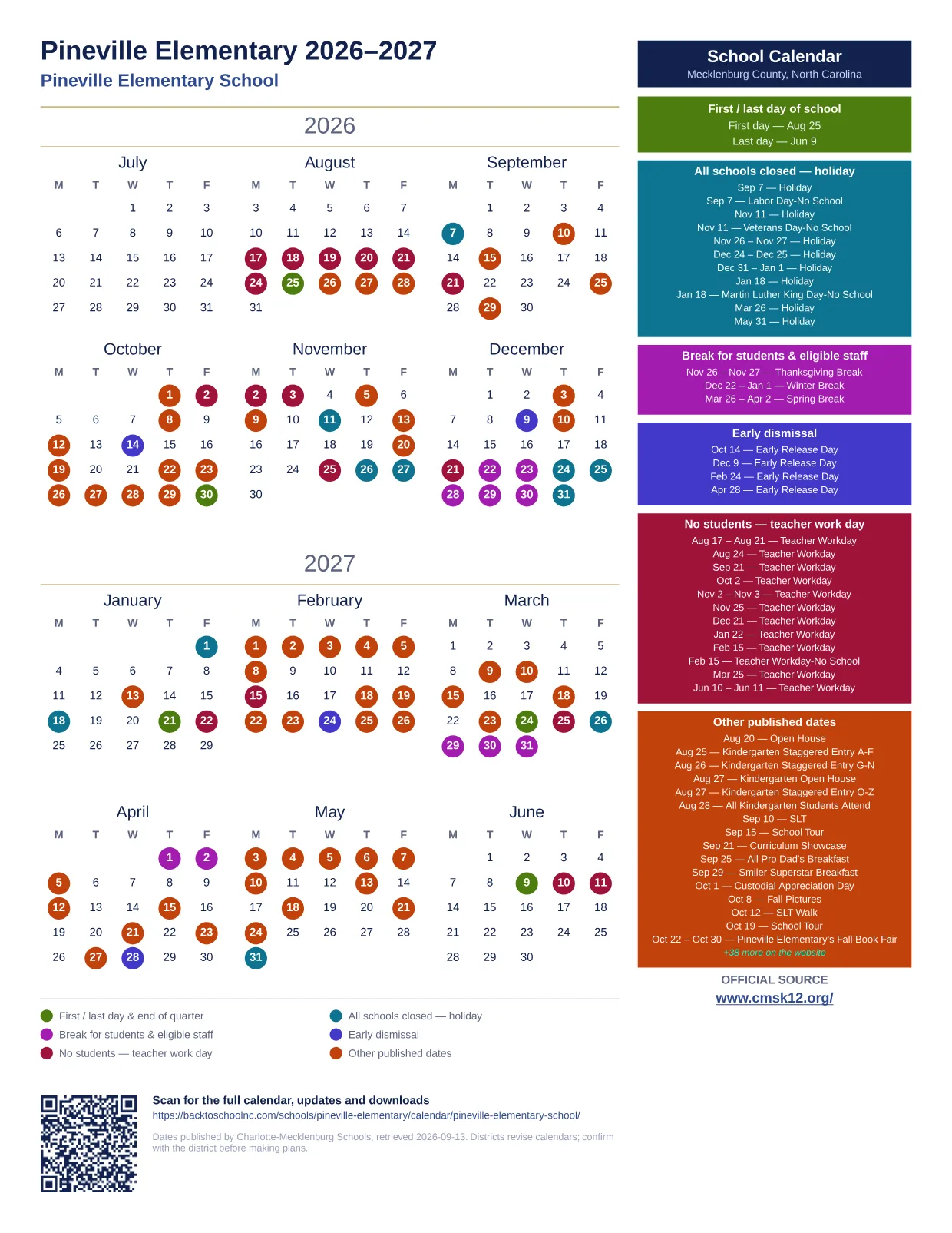 Pineville Elementary 2026–2027 printable calendar