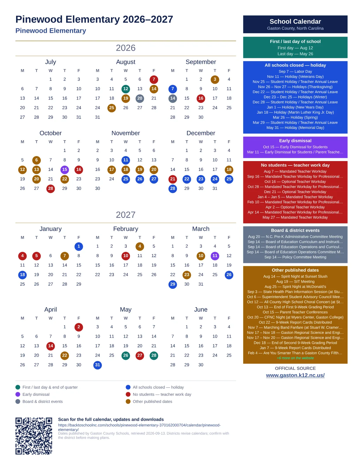 Pinewood Elementary 2026–2027 printable calendar