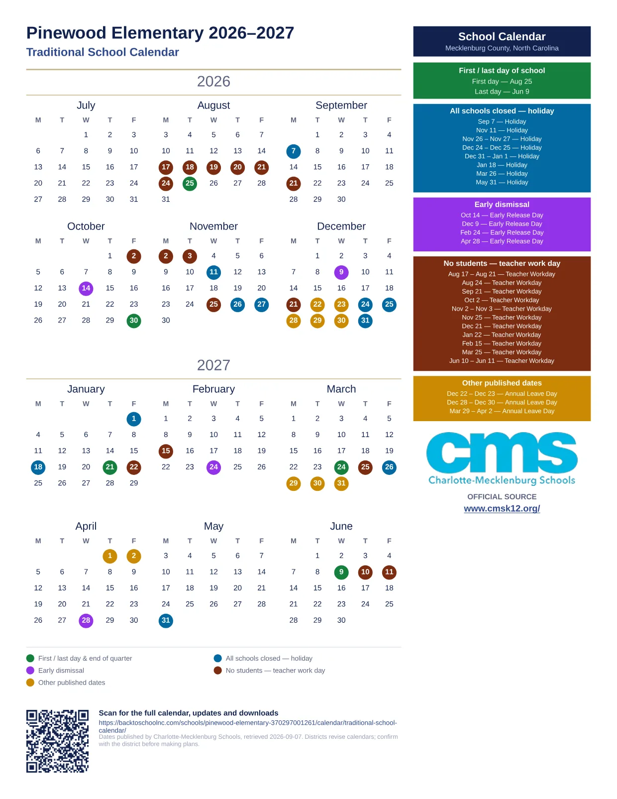 Pinewood Elementary 2026–2027 printable calendar