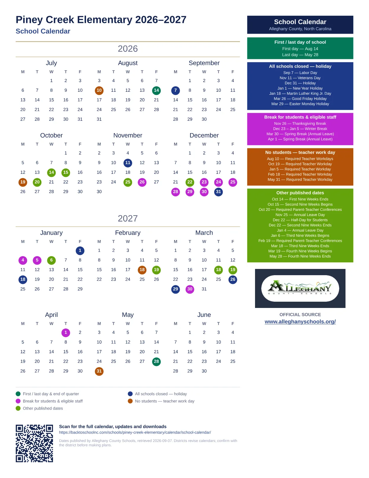 Piney Creek Elementary 2026–2027 printable calendar