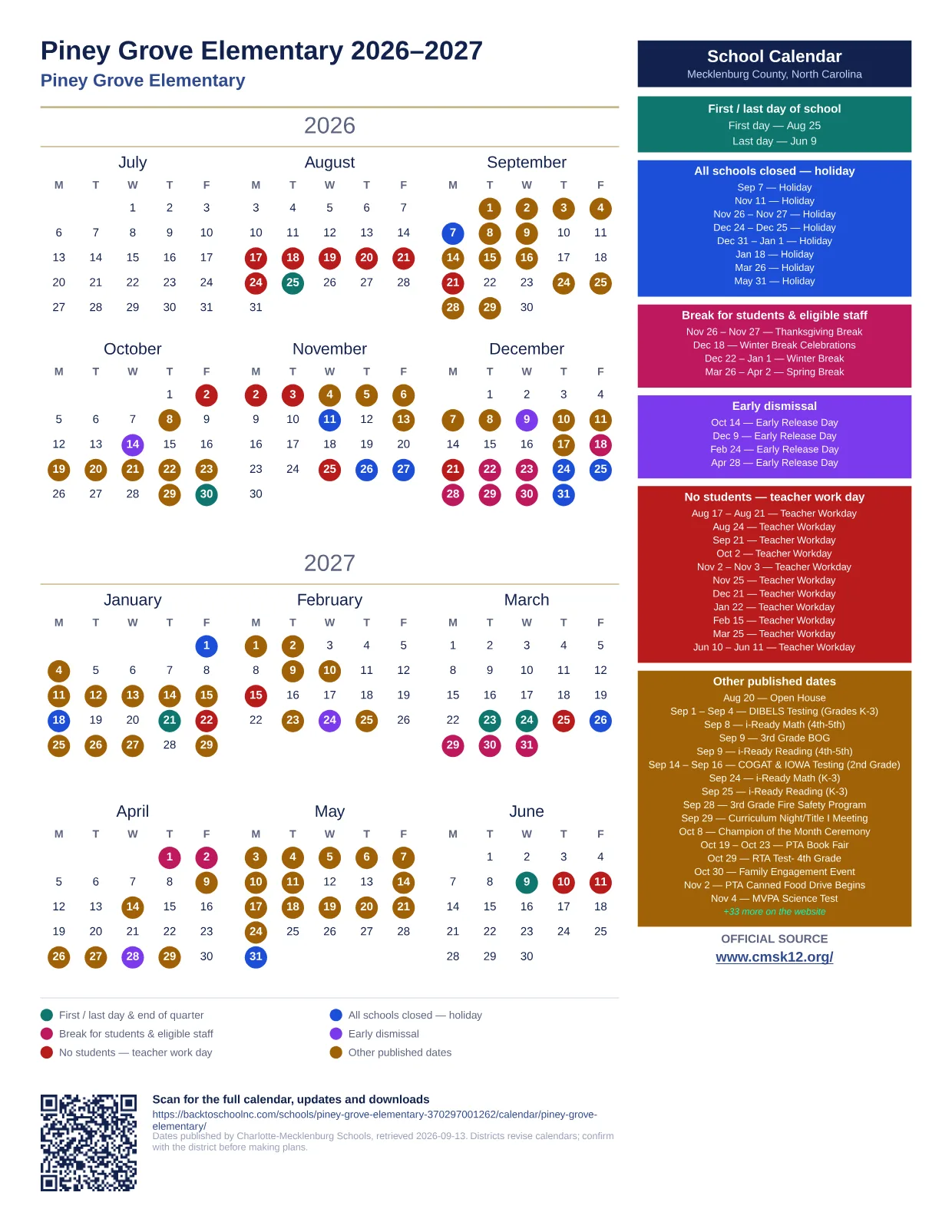 Piney Grove Elementary 2026–2027 printable calendar