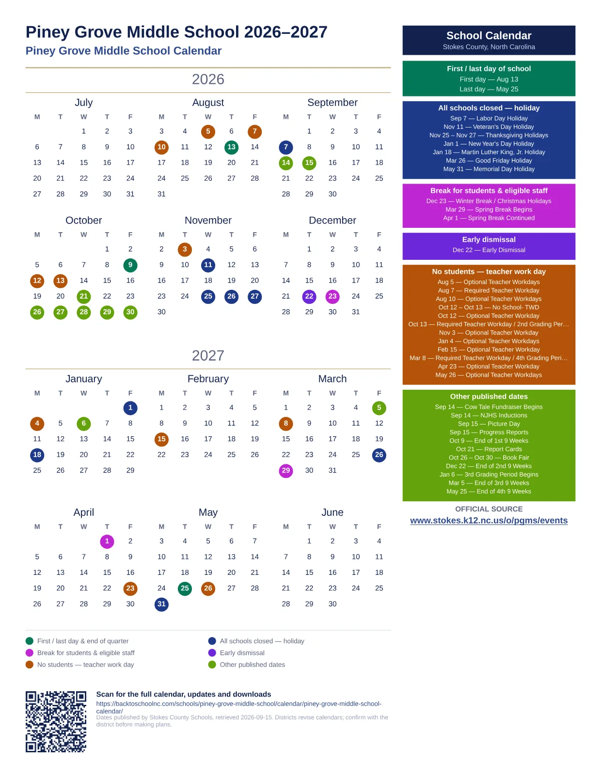 Piney Grove Middle School 2026–2027 printable calendar