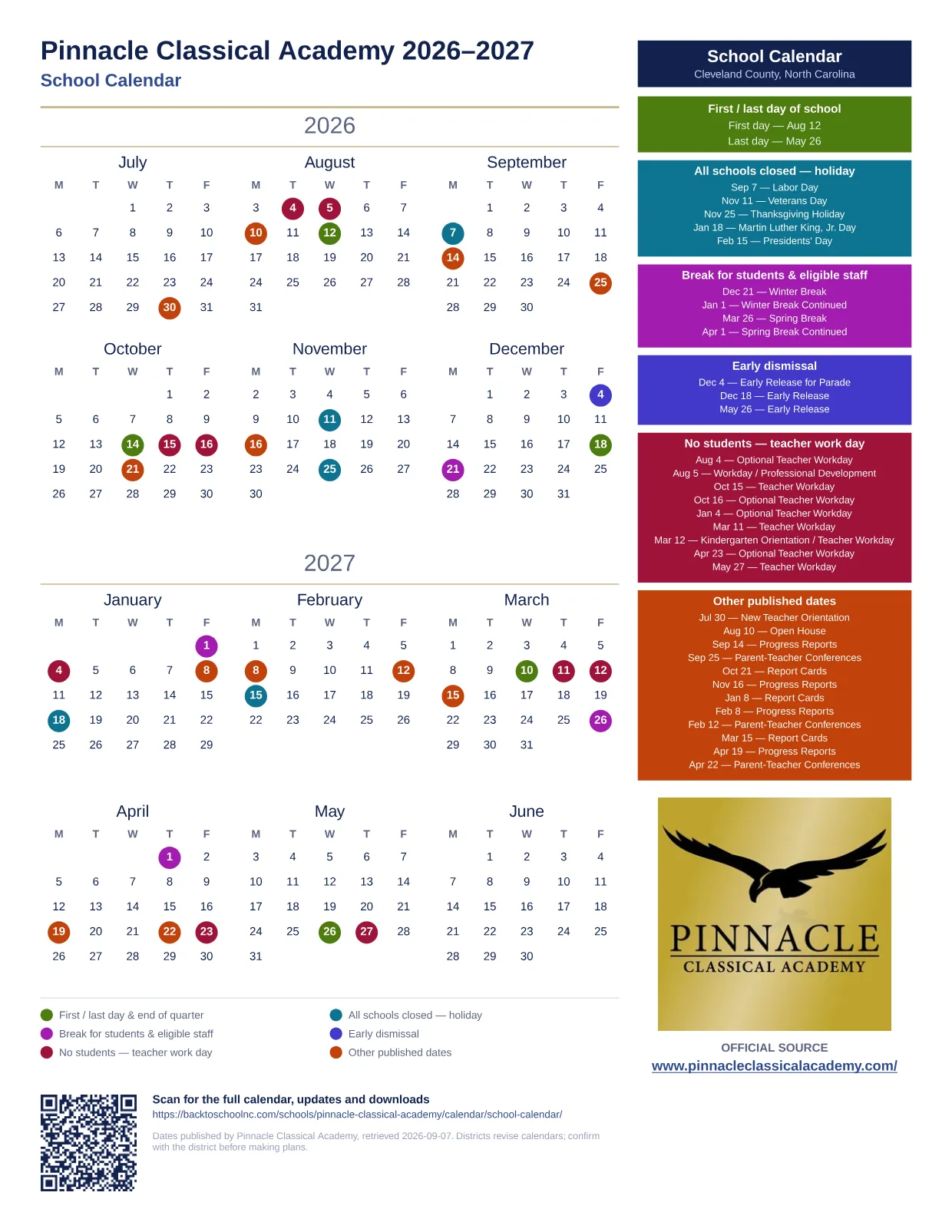 Pinnacle Classical Academy School Calendar 2026–2027 printable calendar