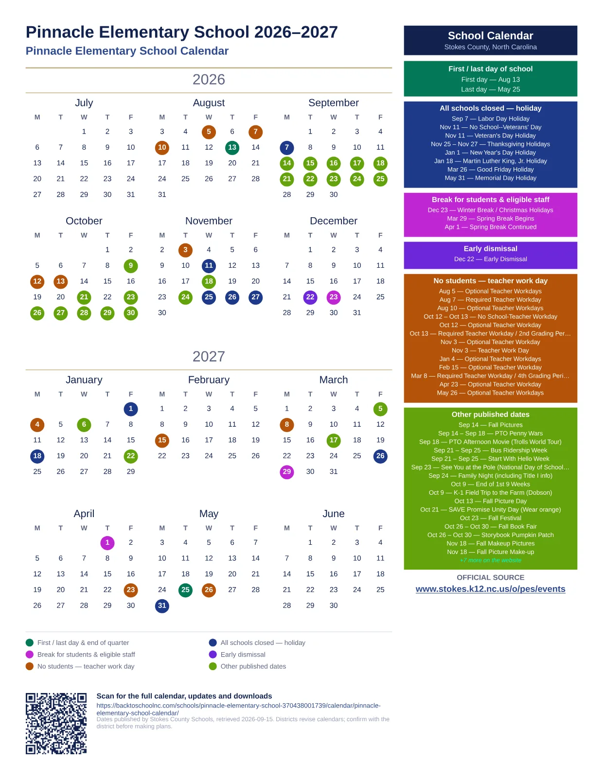 Pinnacle Elementary School 2026–2027 printable calendar