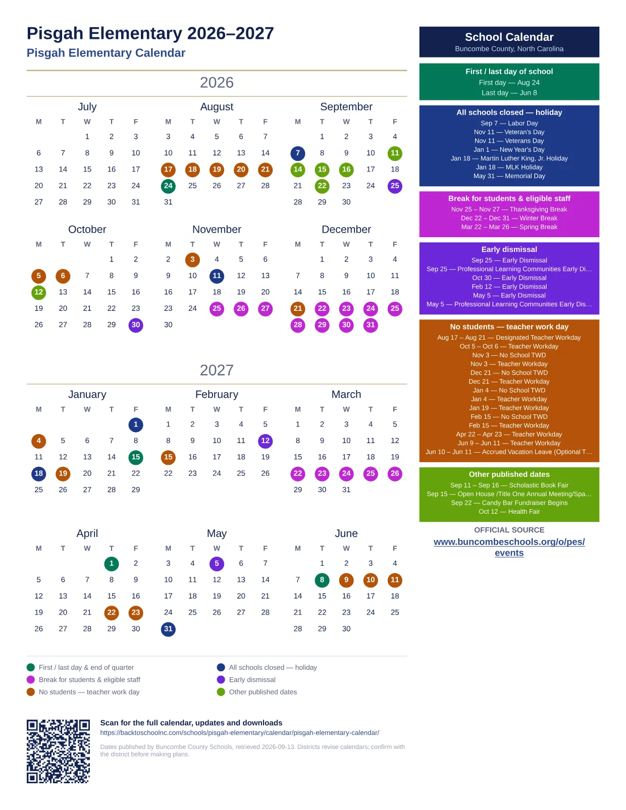 Pisgah Elementary printable calendar