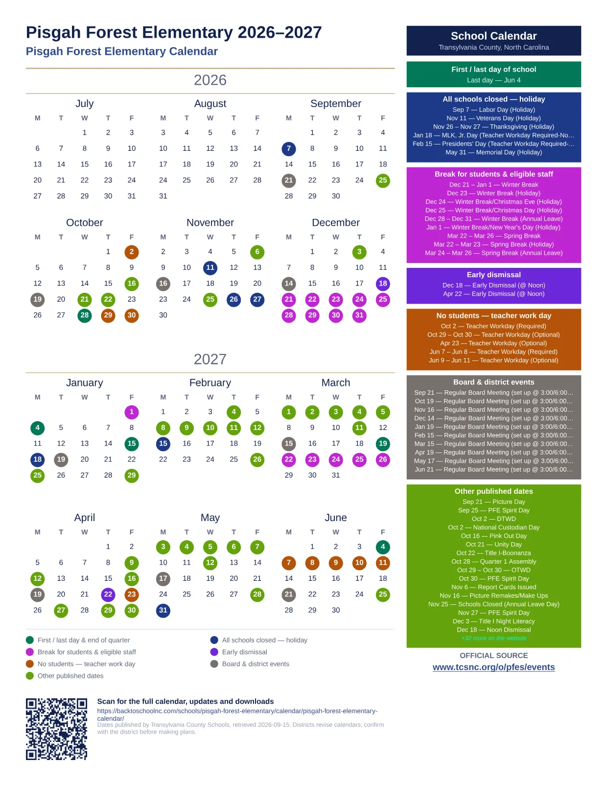 Pisgah Forest Elementary printable calendar