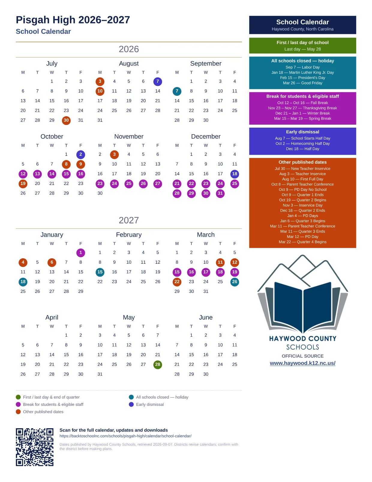 Pisgah High  printable calendar