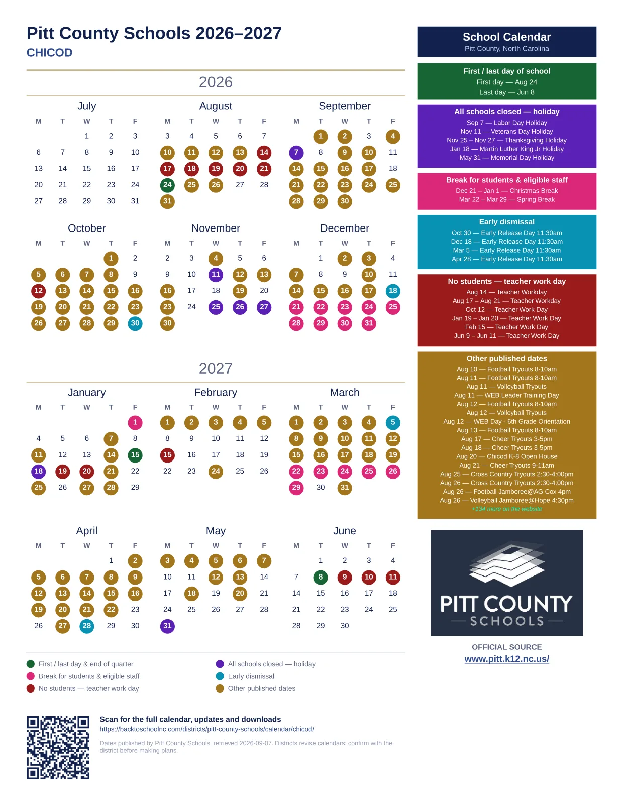 Pitt County Schools CHICOD 2026–2027 printable calendar