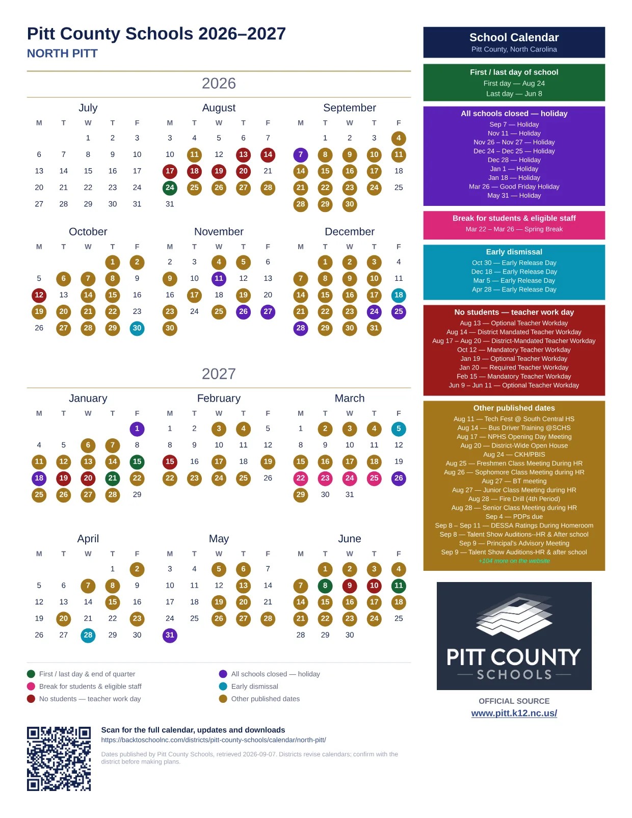 Pitt County Schools NORTH PITT 2026–2027 printable calendar
