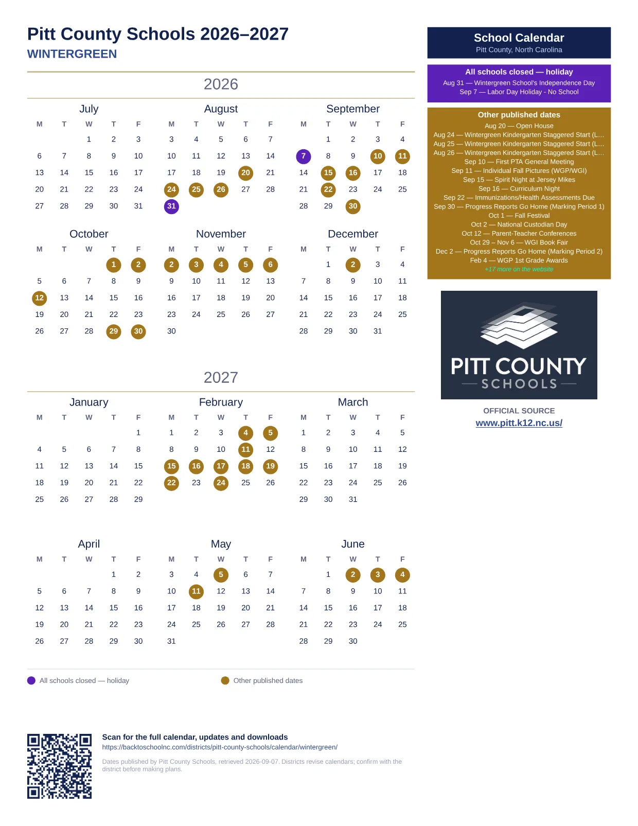 Pitt County Schools WINTERGREEN  printable calendar