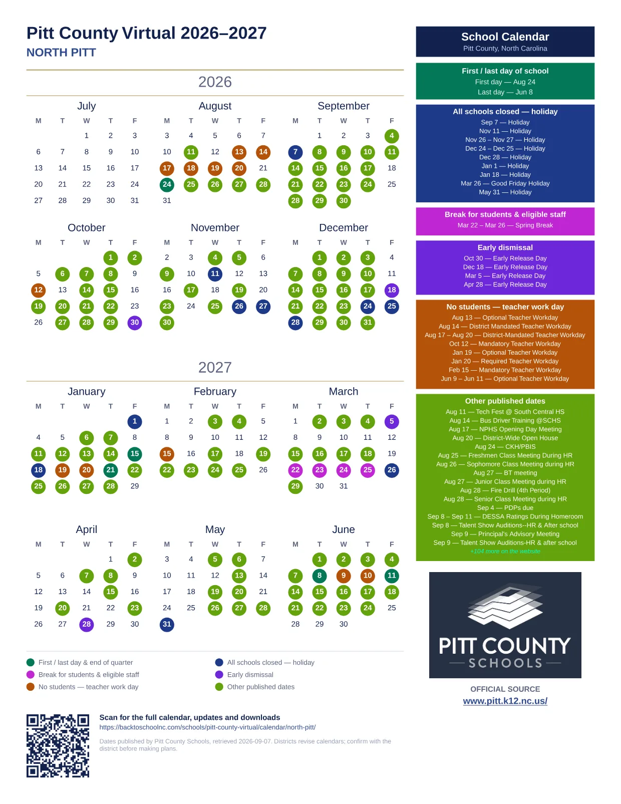 Pitt County Virtual 2026–2027 printable calendar