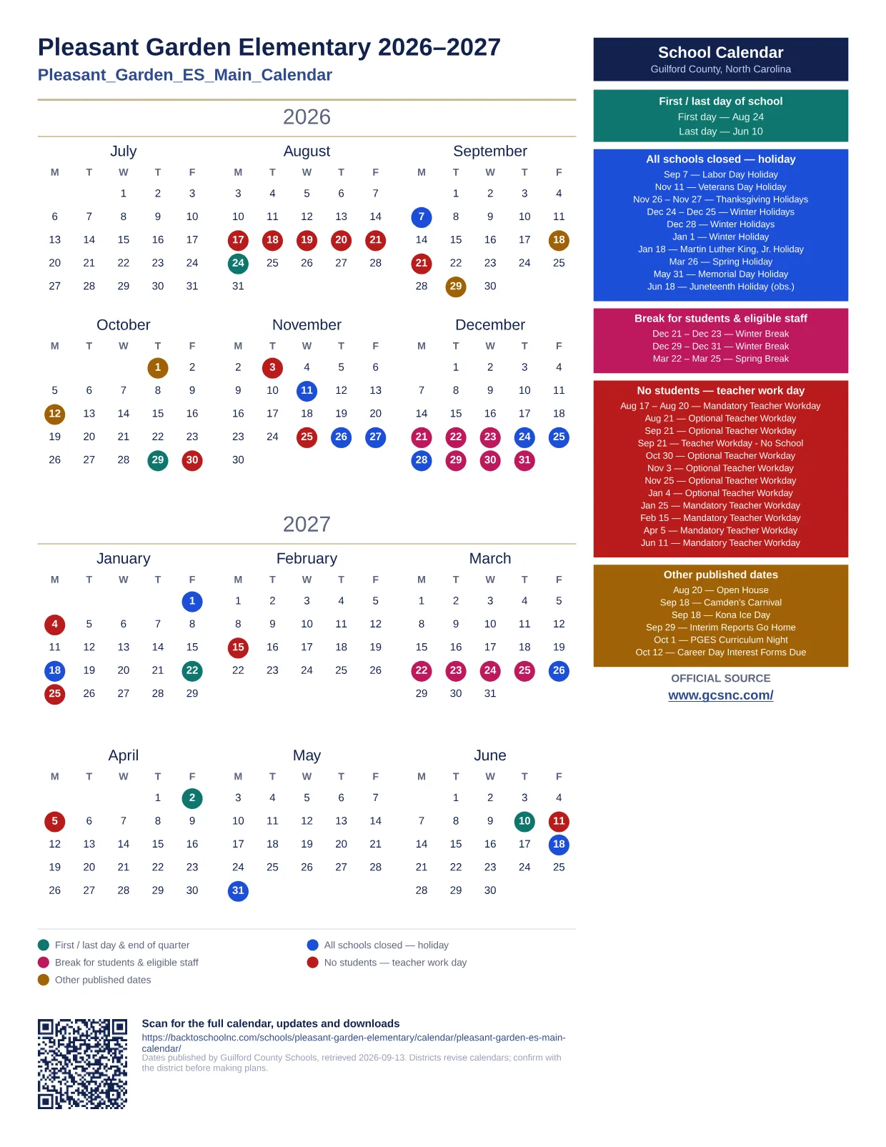 Pleasant Garden Elementary 2026–2027 printable calendar