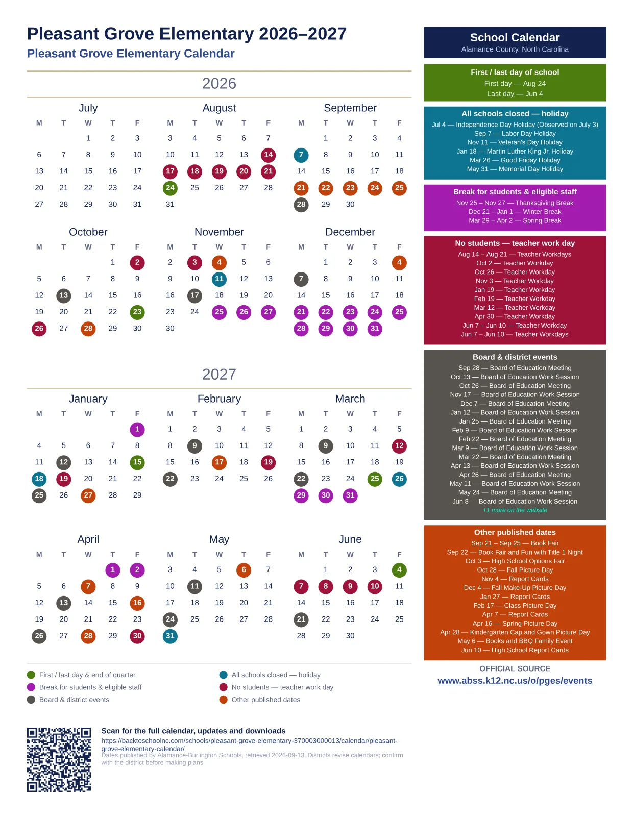 Pleasant Grove Elementary 2026–2027 printable calendar