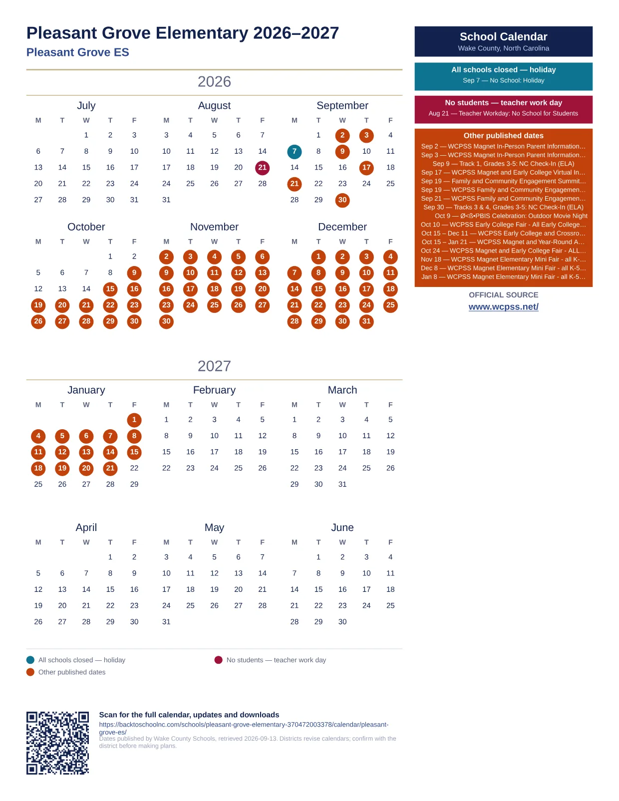 Pleasant Grove Elementary  printable calendar