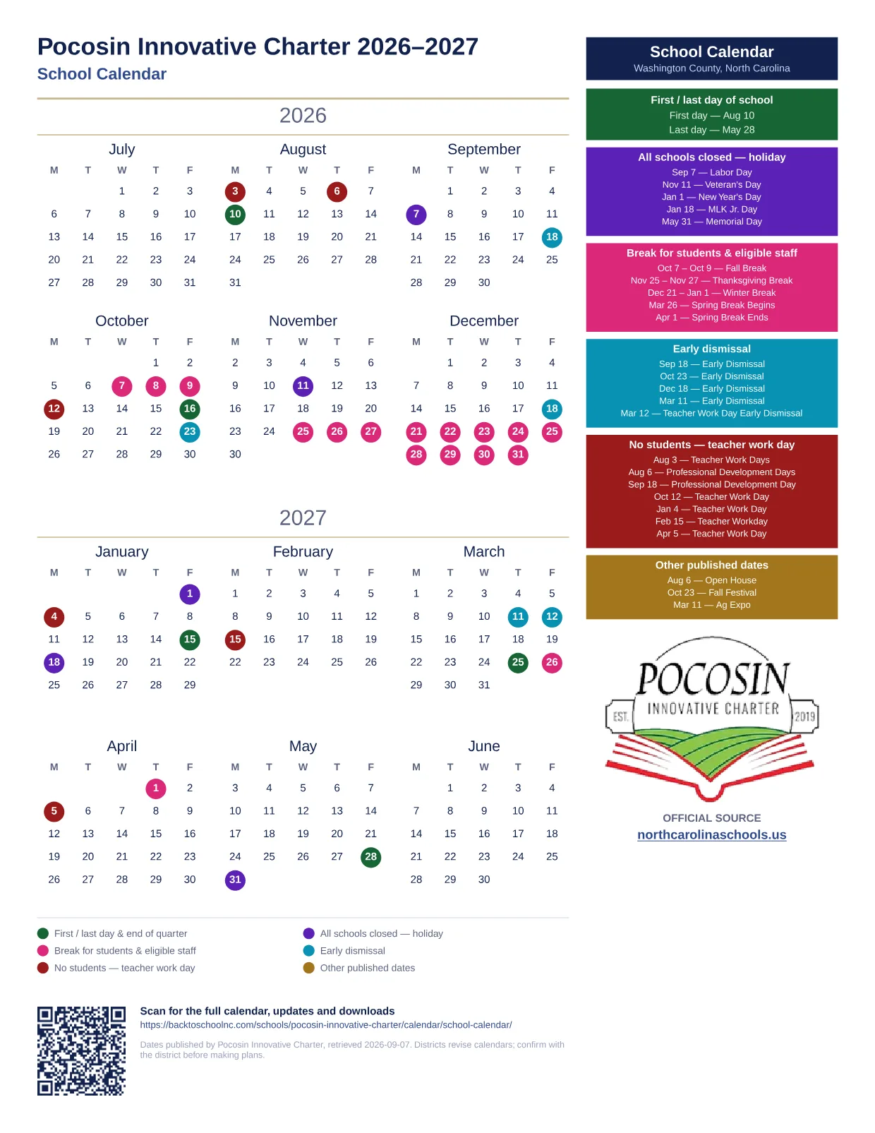 Pocosin Innovative Charter School Calendar 2026–2027 printable calendar