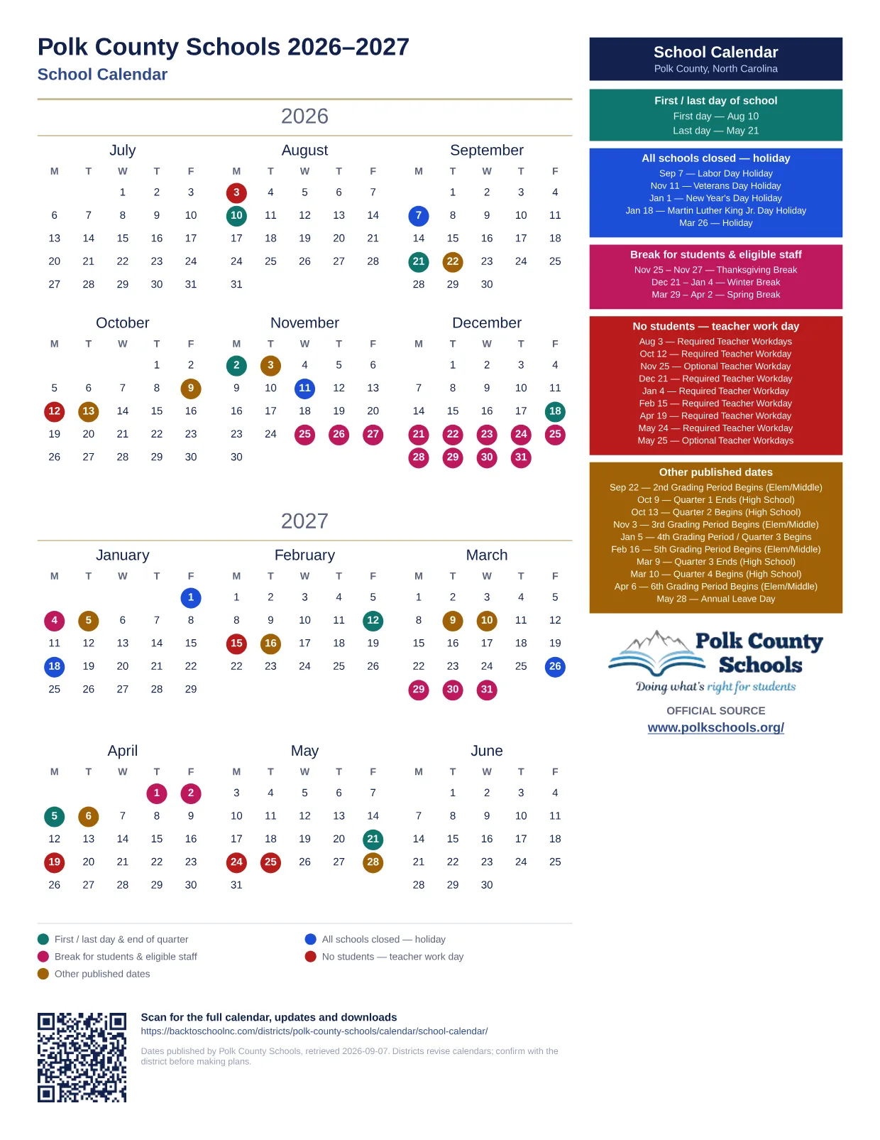 Polk County Schools School Calendar 2026–2027 printable calendar