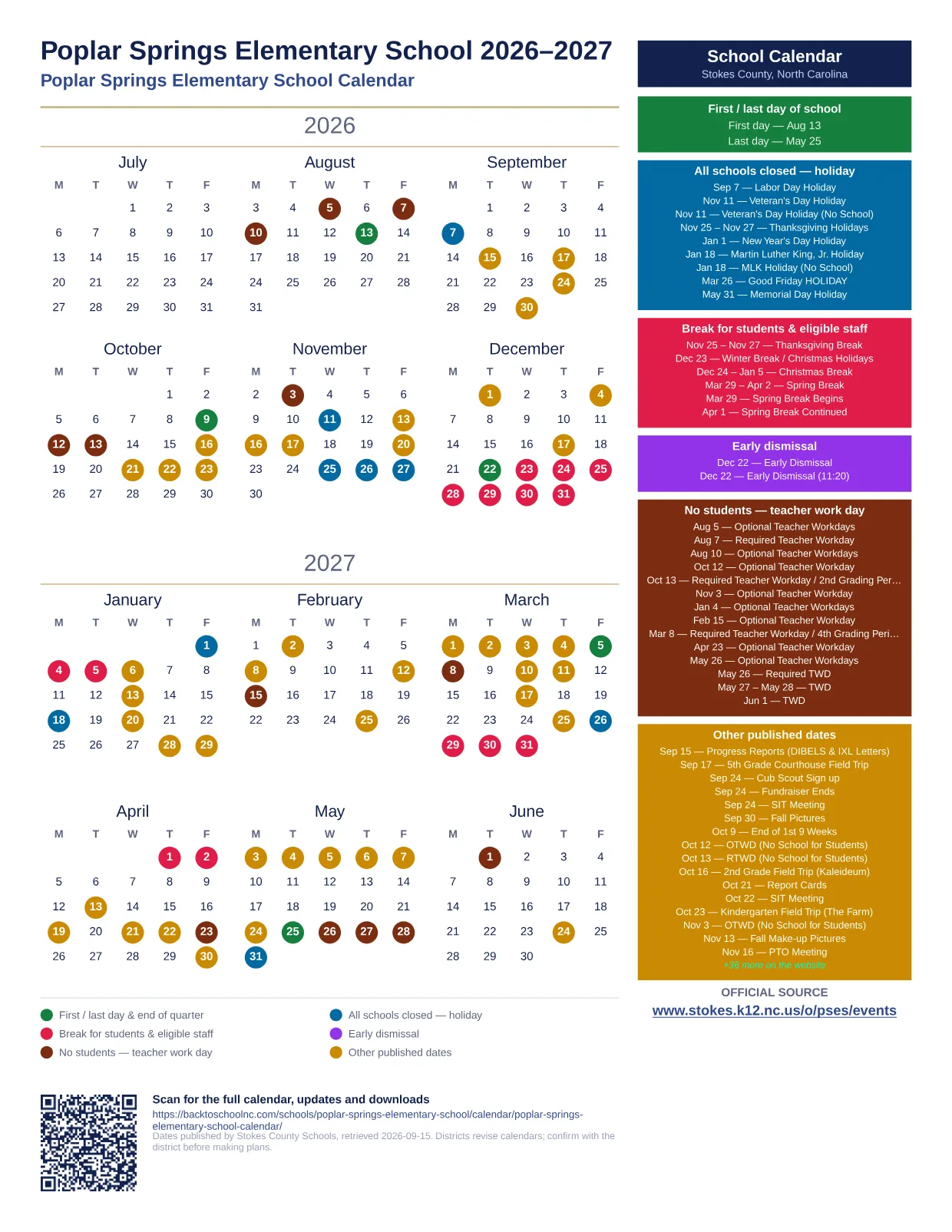 Poplar Springs Elementary School 2026–2027 printable calendar