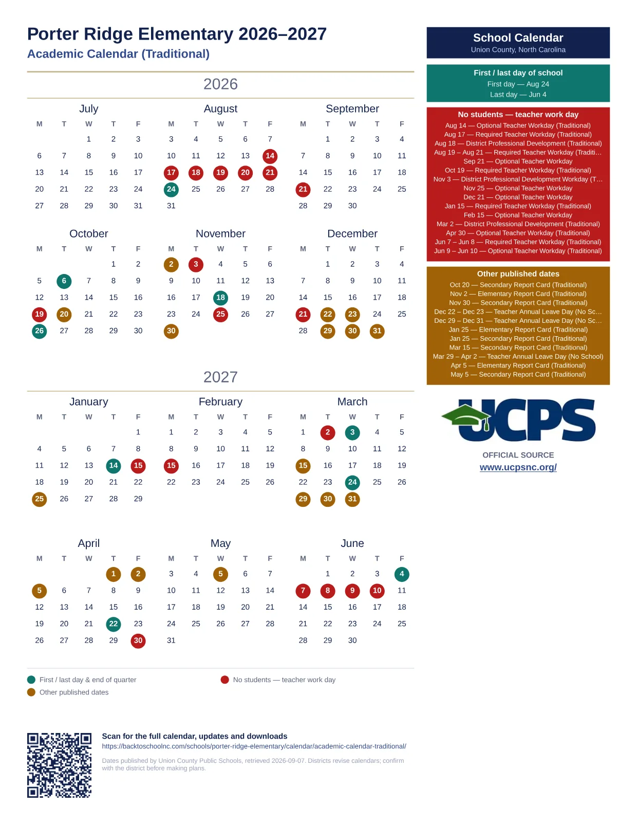 Porter Ridge Elementary 2026–2027 printable calendar