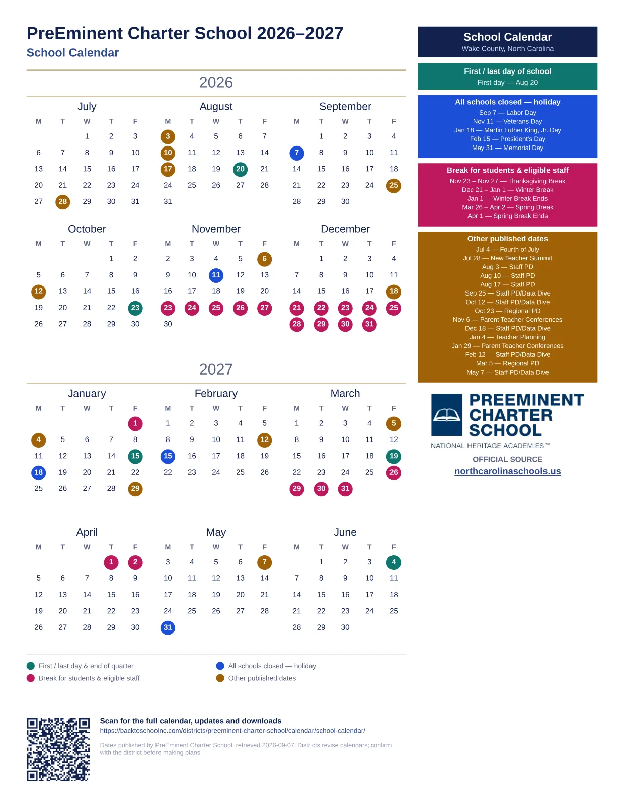 PreEminent Charter School School Calendar 2026–2027 printable calendar