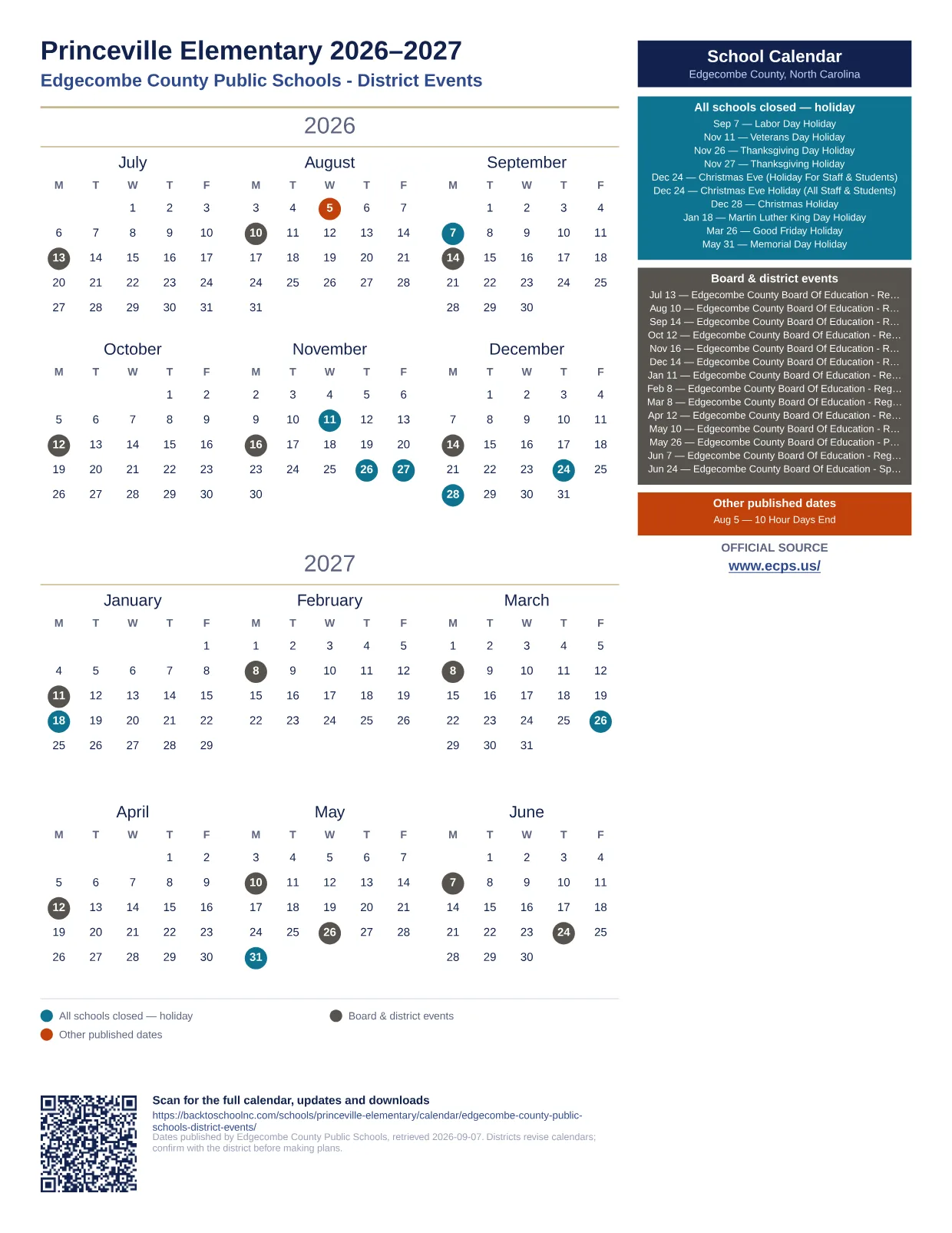 Princeville Elementary printable calendar