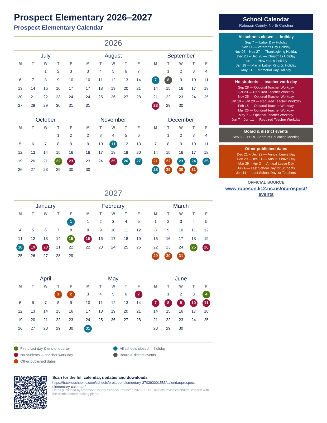 Prospect Elementary printable calendar