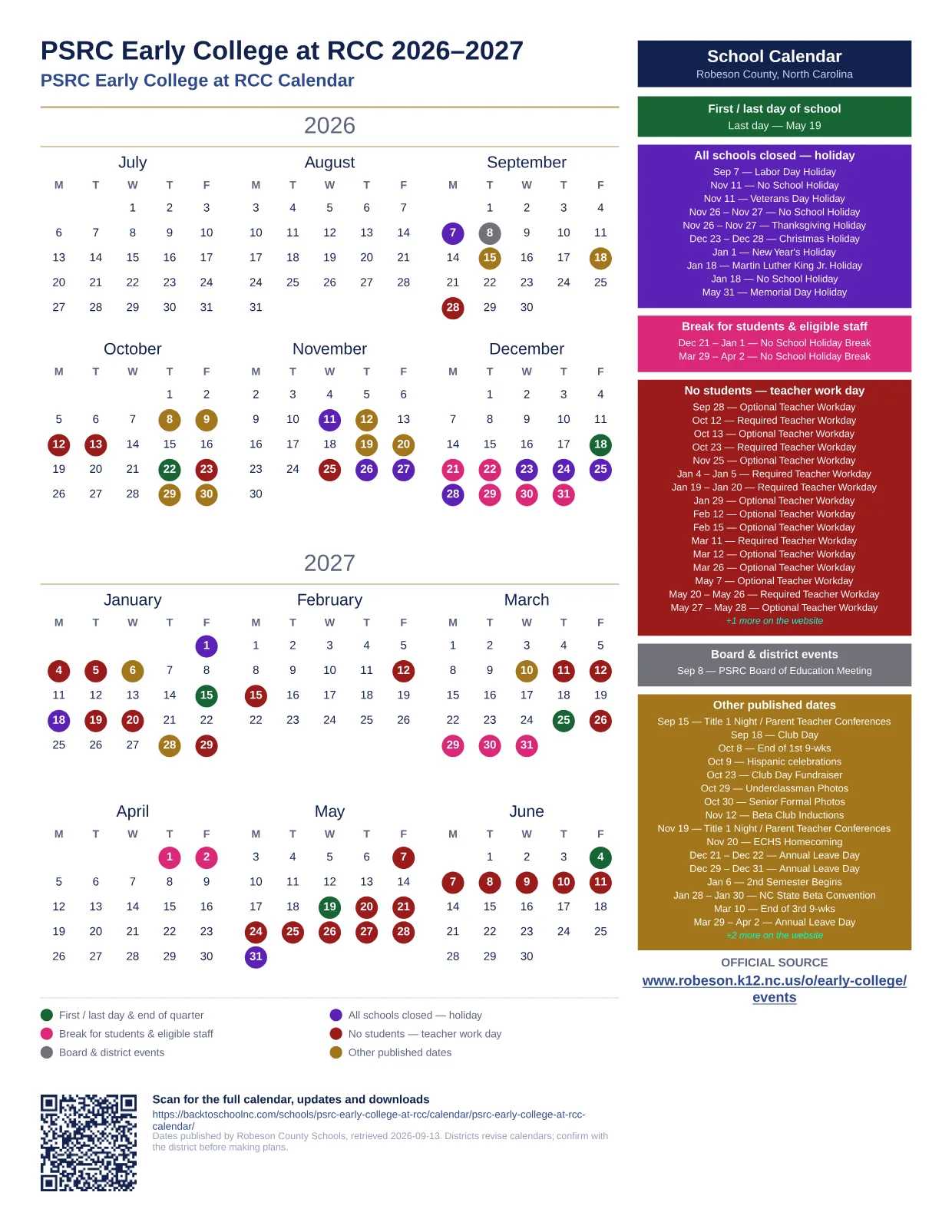 PSRC Early College at RCC  printable calendar