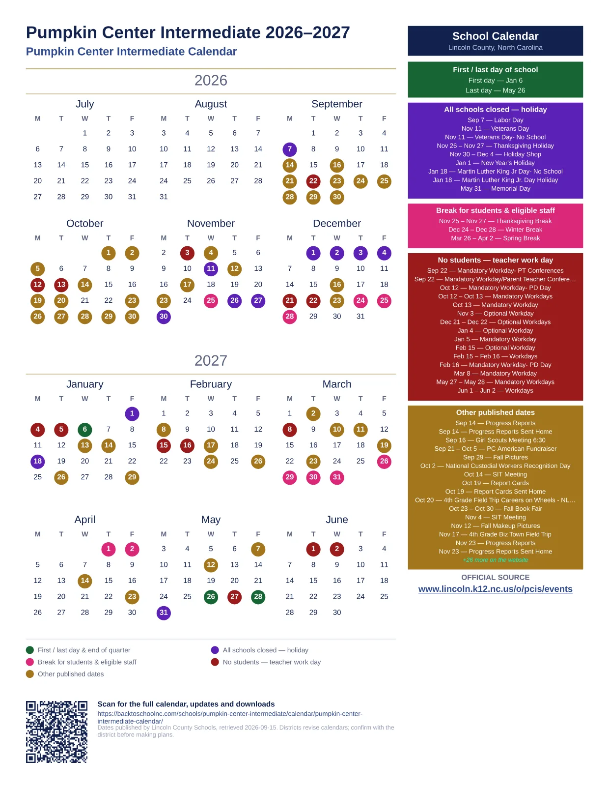 Pumpkin Center Intermediate 2027–2028 printable calendar