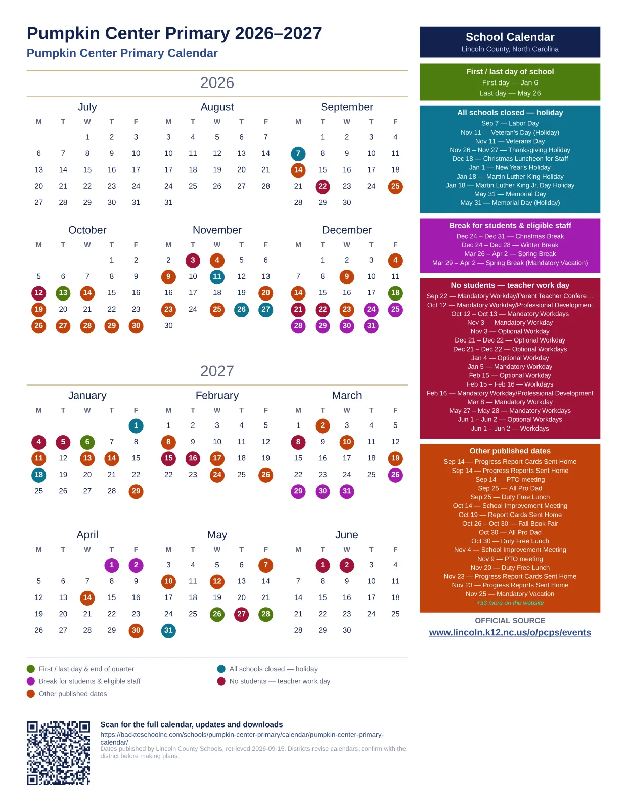 Pumpkin Center Primary 2027–2028 printable calendar